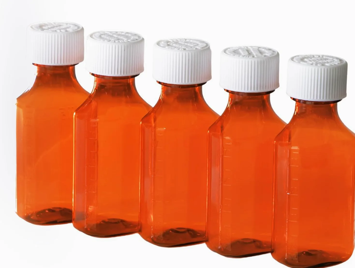 Botellas vacías de plástico ámbar para medicamentos líquidos con tapas resistentes a los niños, caja de 100 botellas dispensadoras ovaladas de medicamentos farmacéuticos con tapas de seguridad,