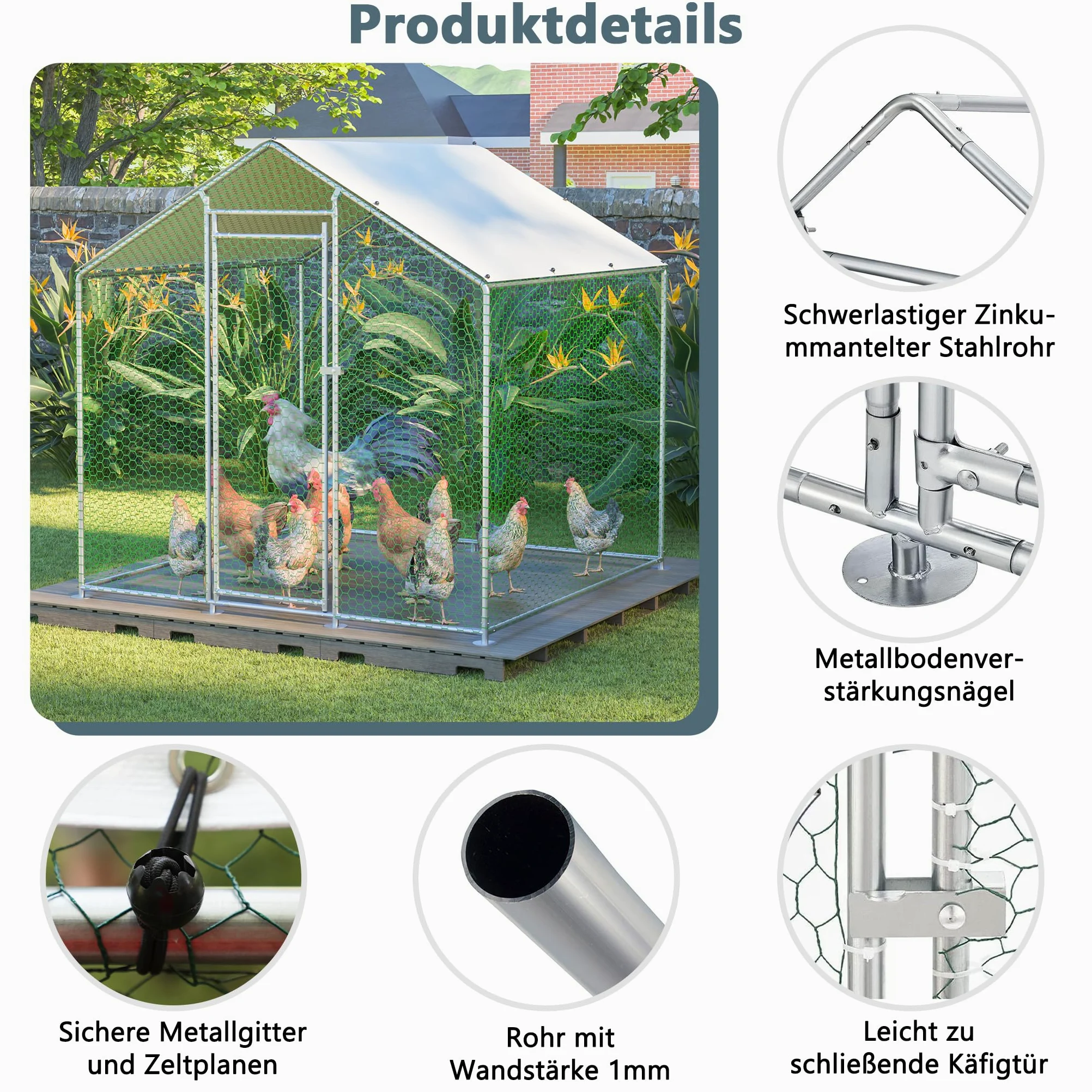 Redkid Corral Metálico para Gallinas 4m² 2x2x2m, Recinto Exterior para Gallinas, Conejos y Pequeños Animales, Lona PE Impermeable, Cierre de Seguridad