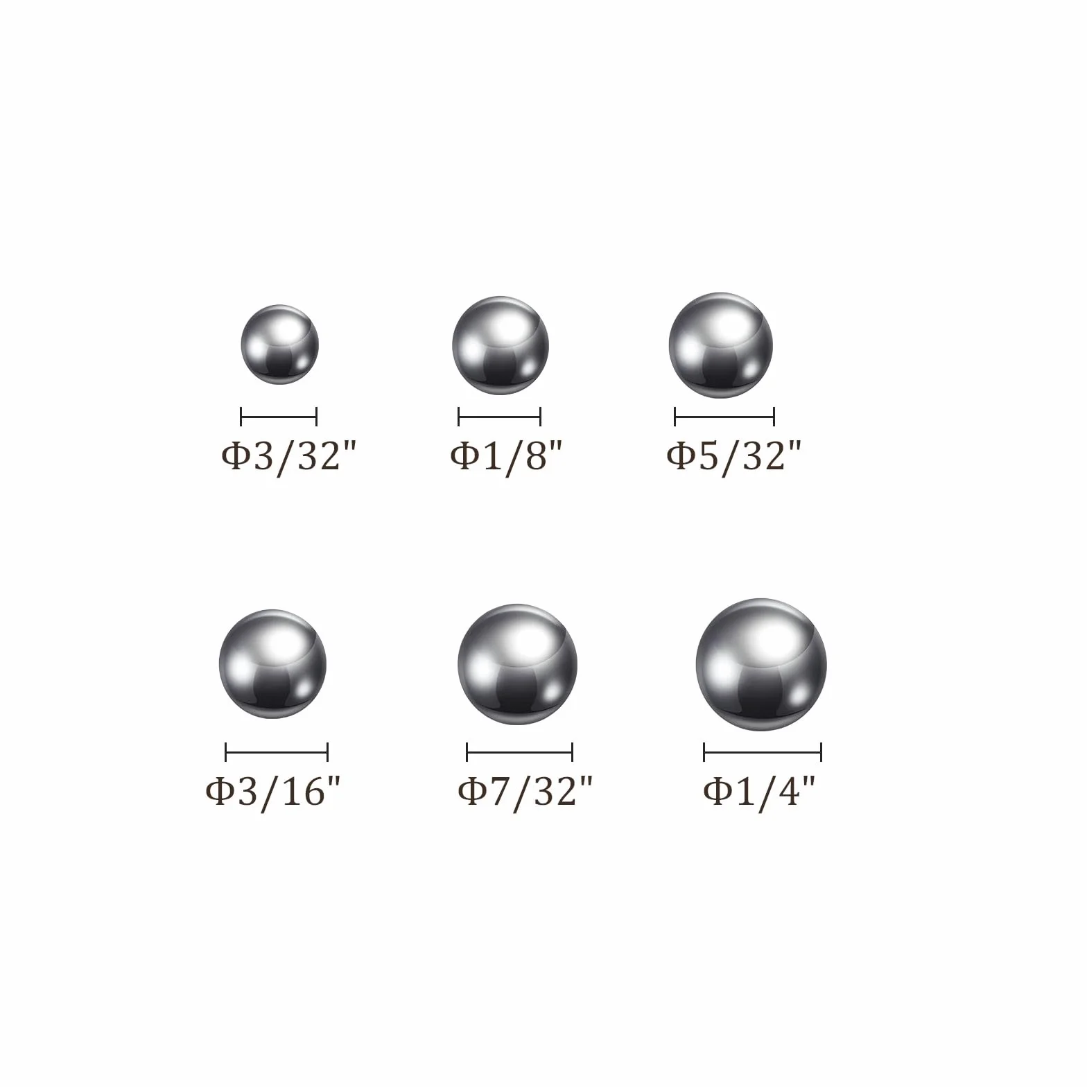300uds Precisión Bolas - [1/4" 7/32" 3/16" 5/32" 1/8" 3/32"] 6 Tamaños Carbono Acero para Rodamientos Válvulas Uso, Sólido