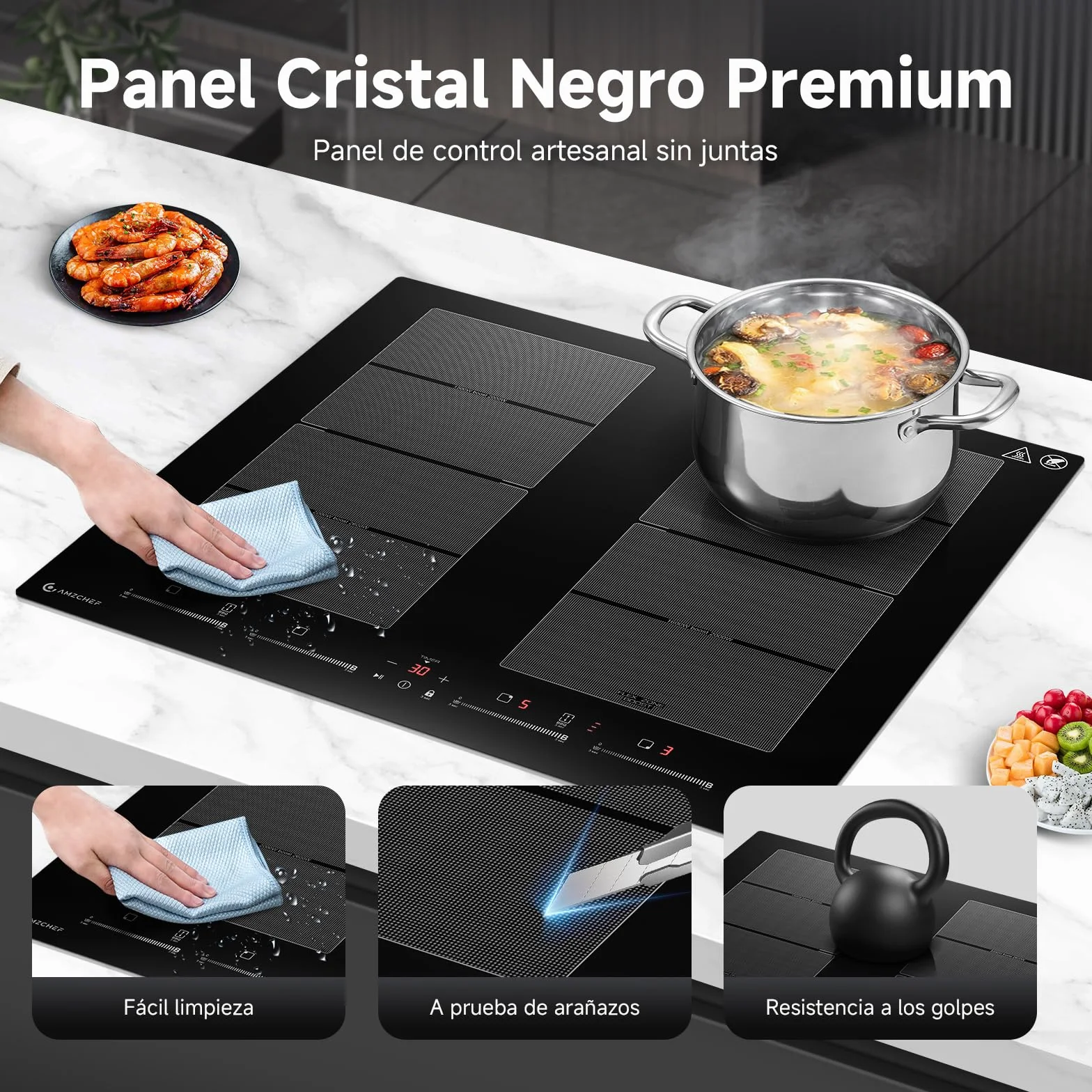 AMZCHEF placa inducción 4 zonas flexibles 7400W 42dB silencioso 9 niveles BBQ