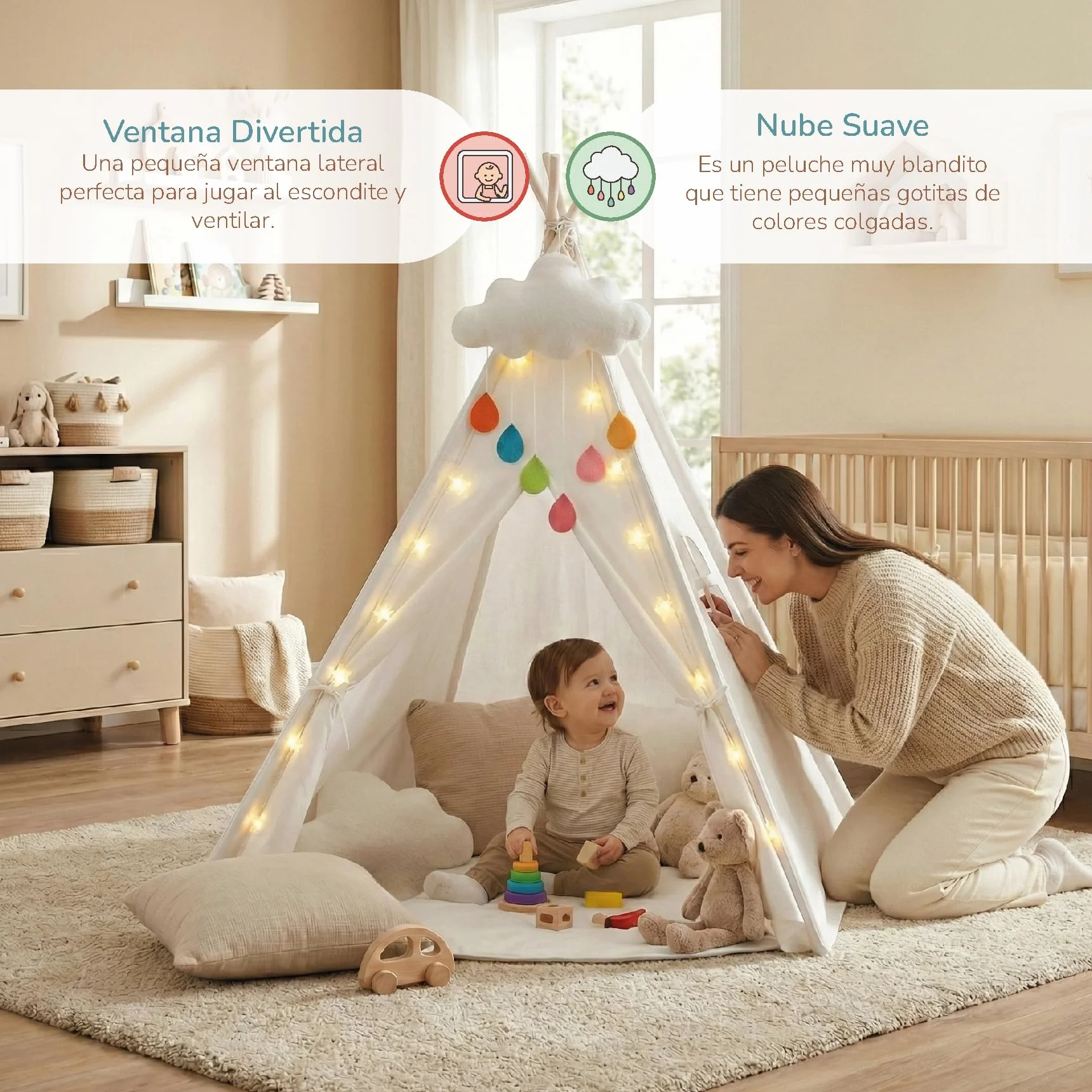 Buddy Baby Tienda Tipi 18 Meses Luces Decorativas Estrellas 3m Alfombra Antideslizante Peluche Nube Montaje sin Herramientas Anti-colapso Ventana Lateral