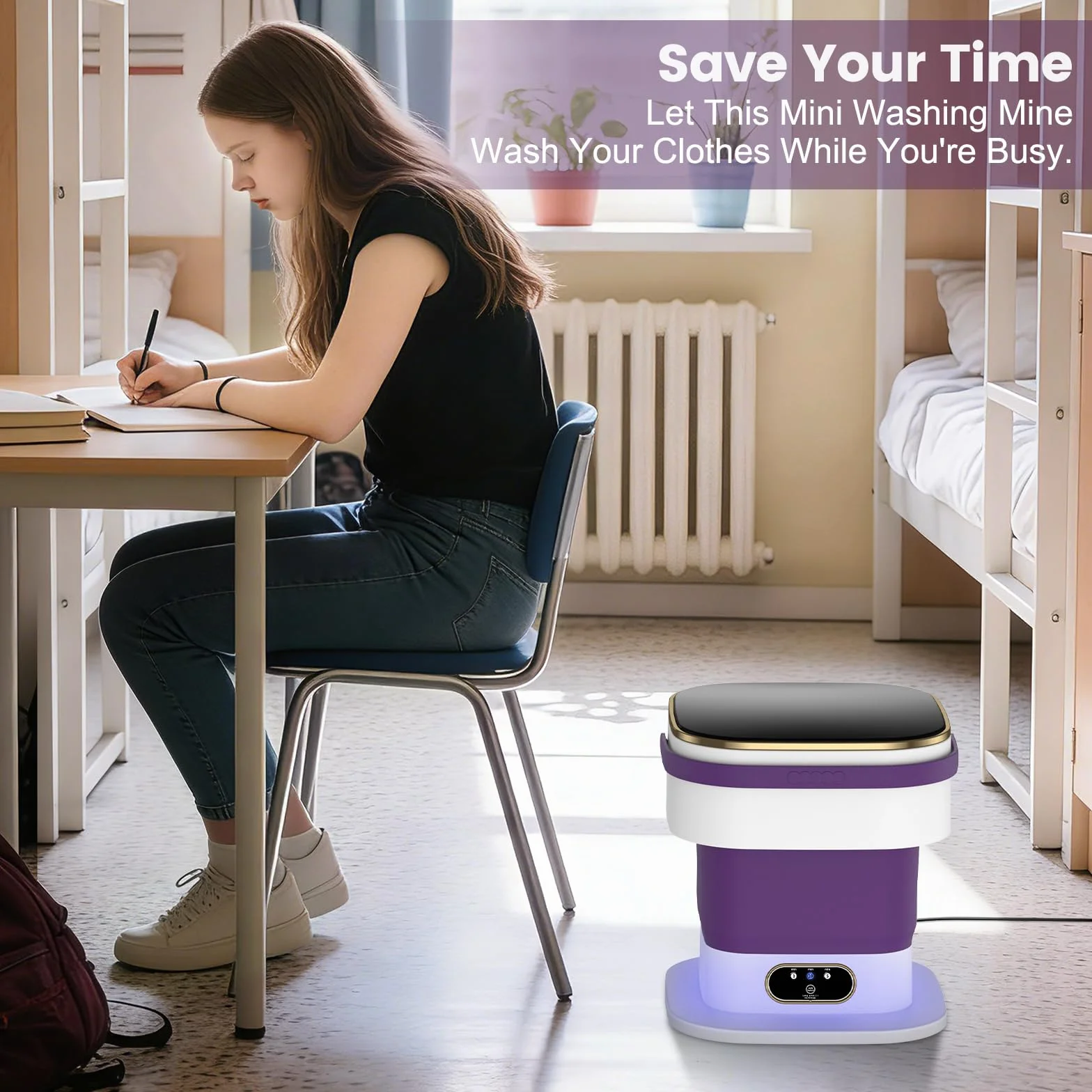 Lavadora Portátil Mejorada 15 Litros 3 Programas Lavado con Centrifugado Plegable Morado