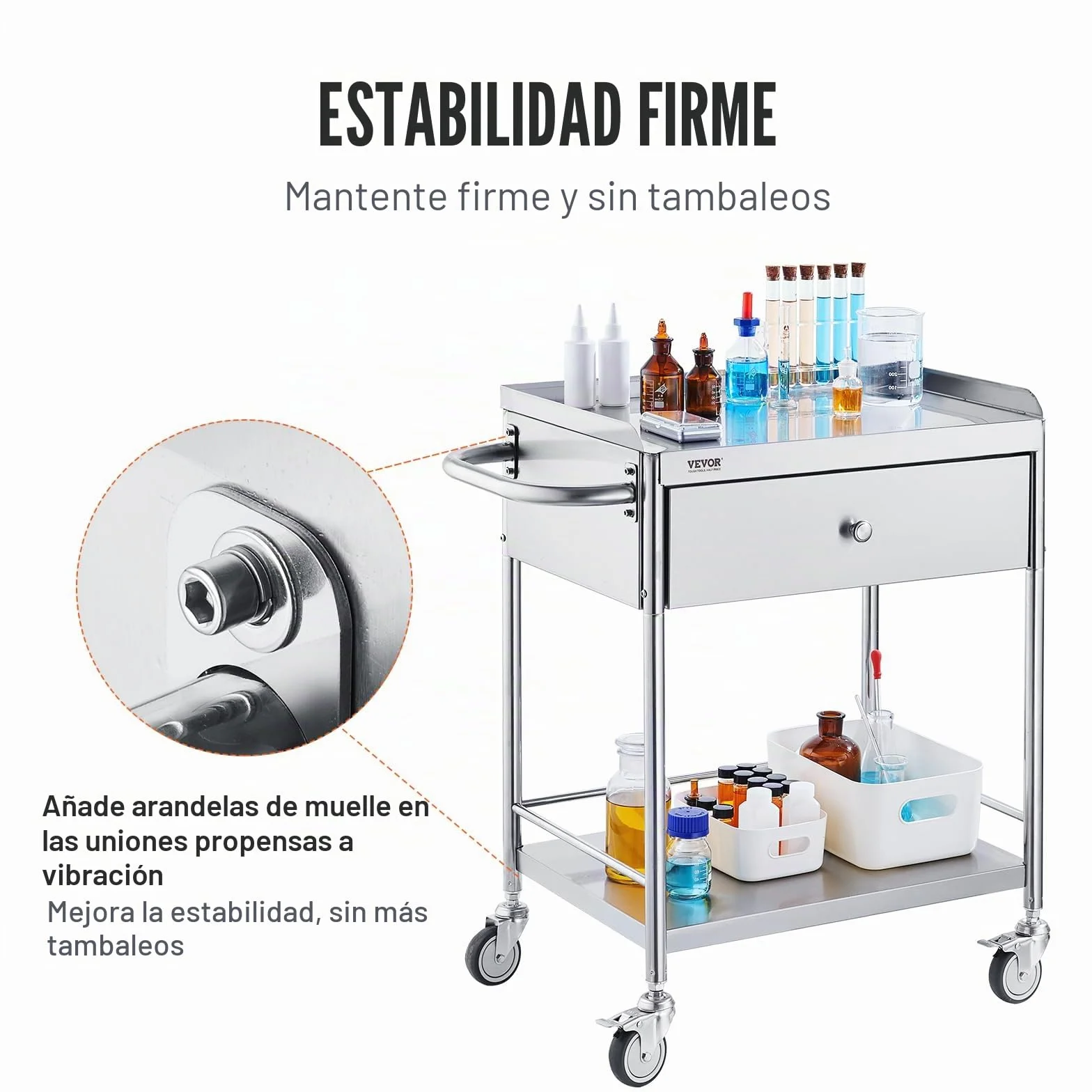 VEVOR Carro de Laboratorio de Acero Inoxidable 2 Niveles Carrito de Médico 71x42x78,5 cm Carro con Cajón Carga de 100 kg Movimiento Silencioso para Almacenamiento Clínico Cocina Hotel Salón de Belleza