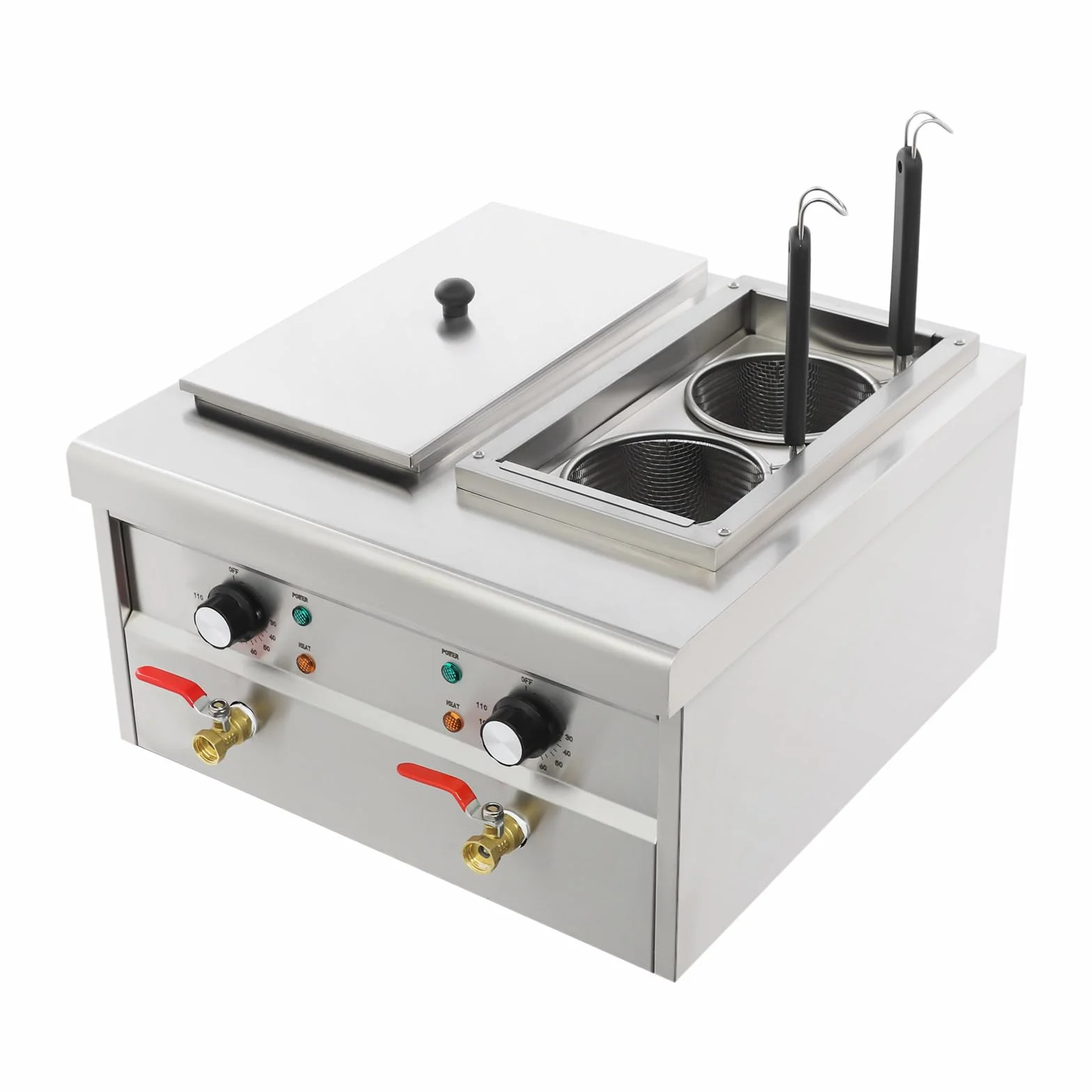 Cocedor de pasta eléctrico de acero inoxidable, 30 – 110 °C, con 4 cestas de colador y 2 tapas, para cocinas, restaurantes y restaurantes de pasta, 2 × 2 kW (plata)