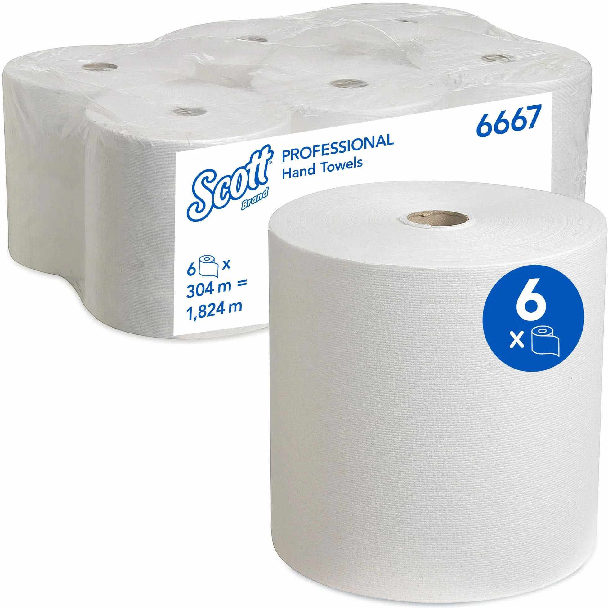 Scott Toallas de Mano en Rollo 6667, 1 Capa, Secamanos Suaves y Resistentes, Tecnología Airflex, Alta Capacidad, Uso Alimentario y Certificación Ecológica, 6 Rollos x 304m (1.824m Total)