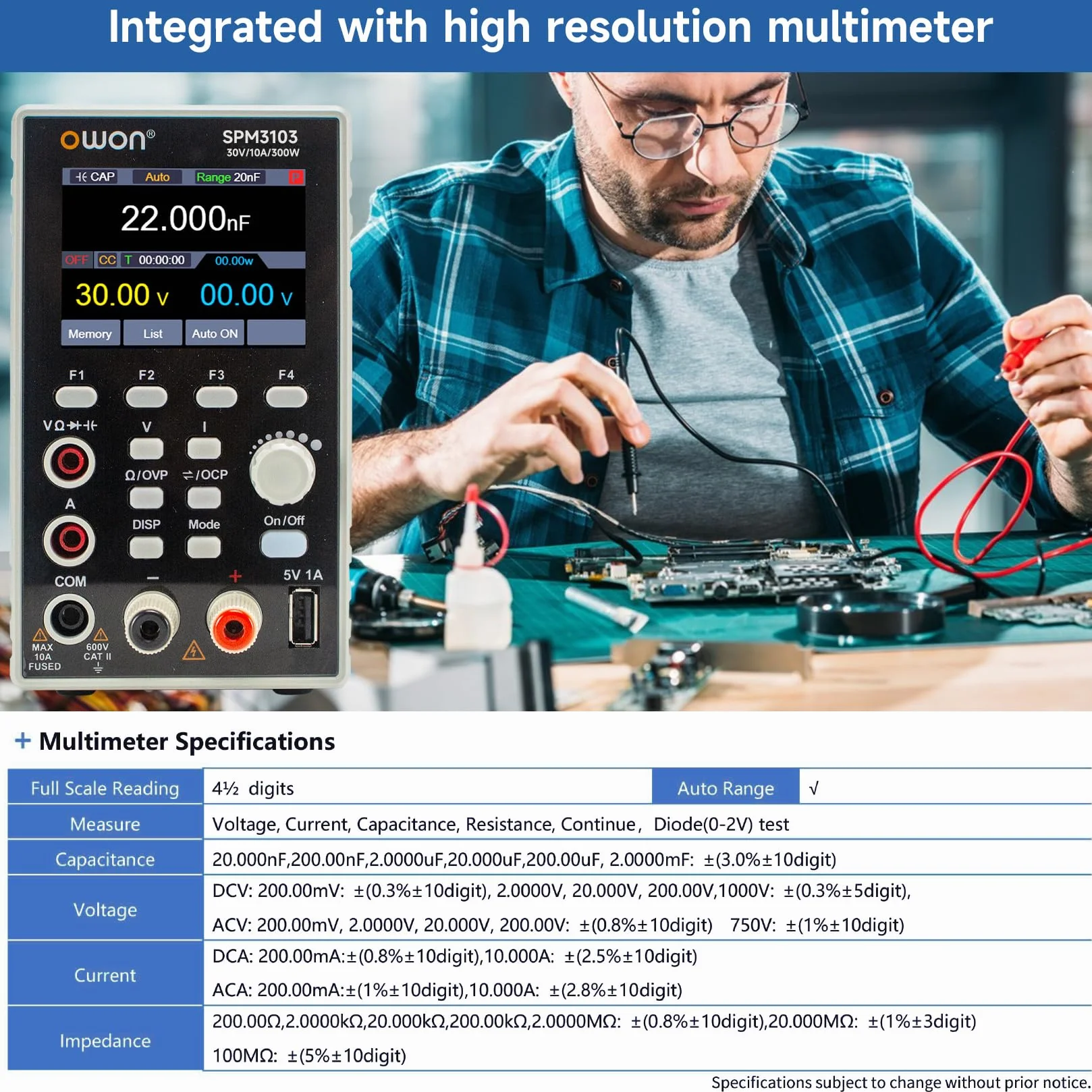 OWON SPM3103 Fuente de Alimentación y Multímetro 2 en 1 DC Fuente de Alimentación de Laboratorio 30V 10A, Fuente de Alimentación de Banco, con LED de Alta Precisión de 2,8”, Multímetro Digital