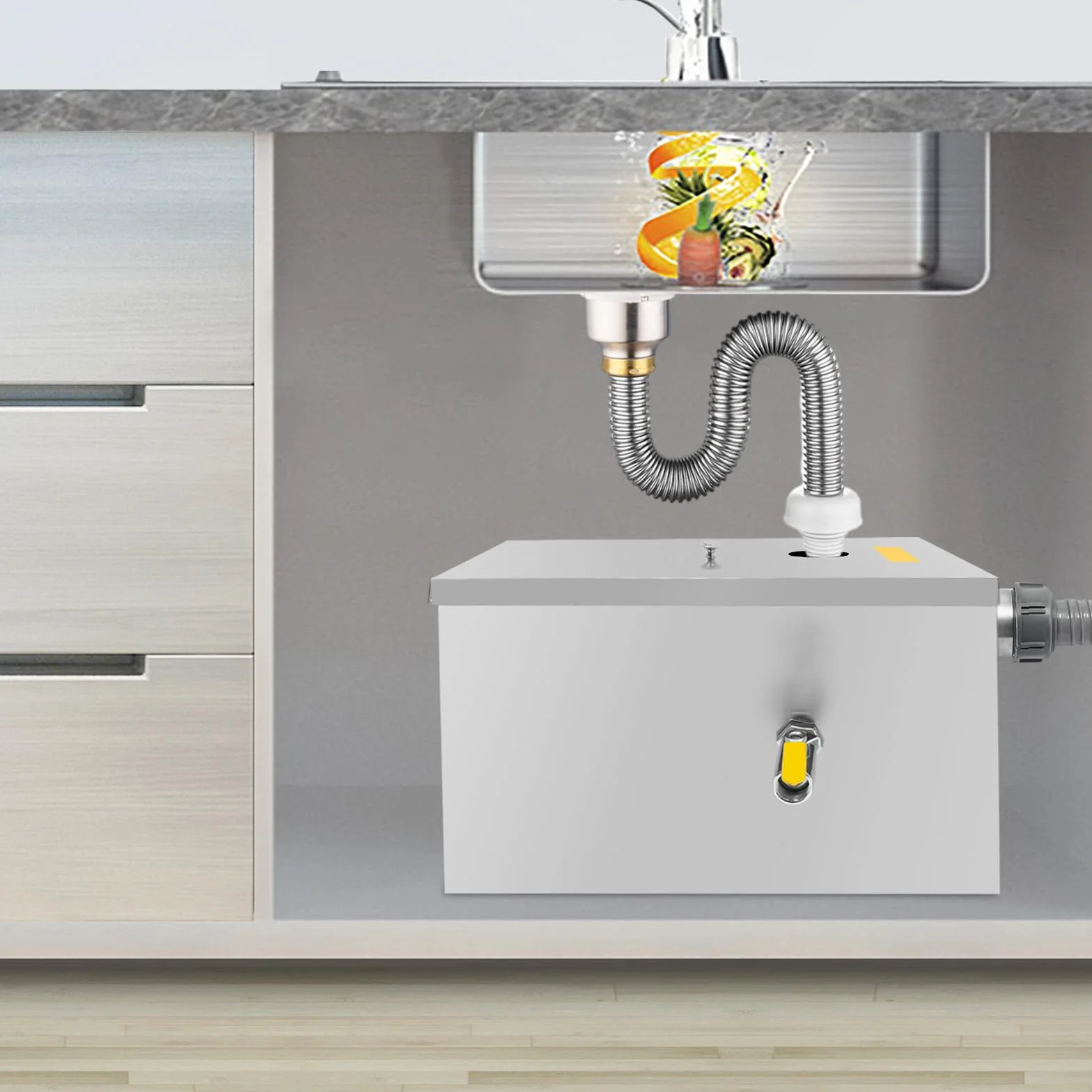 Separador de grasa Interceptor, 20 l, acero inoxidable, trampa de grasa para fregadero, filtro de aceite de aguas residuales, trampa comercial, para restaurante, cocina, hotel, cafetería, diseño
