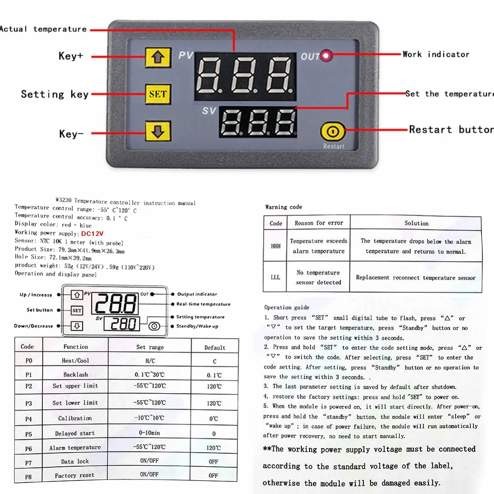 Greluma W3230 Controlador de temperatura digital DC 12V 20A Termostato LED NTC 10K -50 a 110 °C