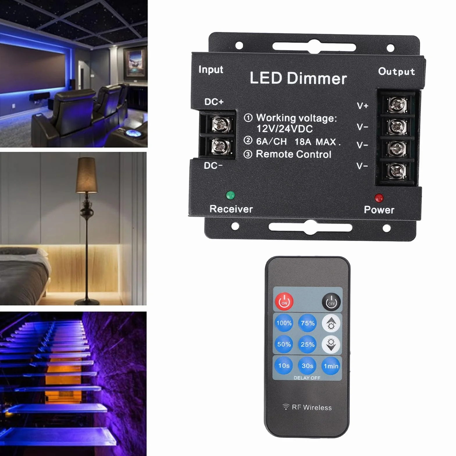 Atenuador LED Remoto Inalámbrico RF, Controlador PWM DC 12V-24V 30-50 Metros