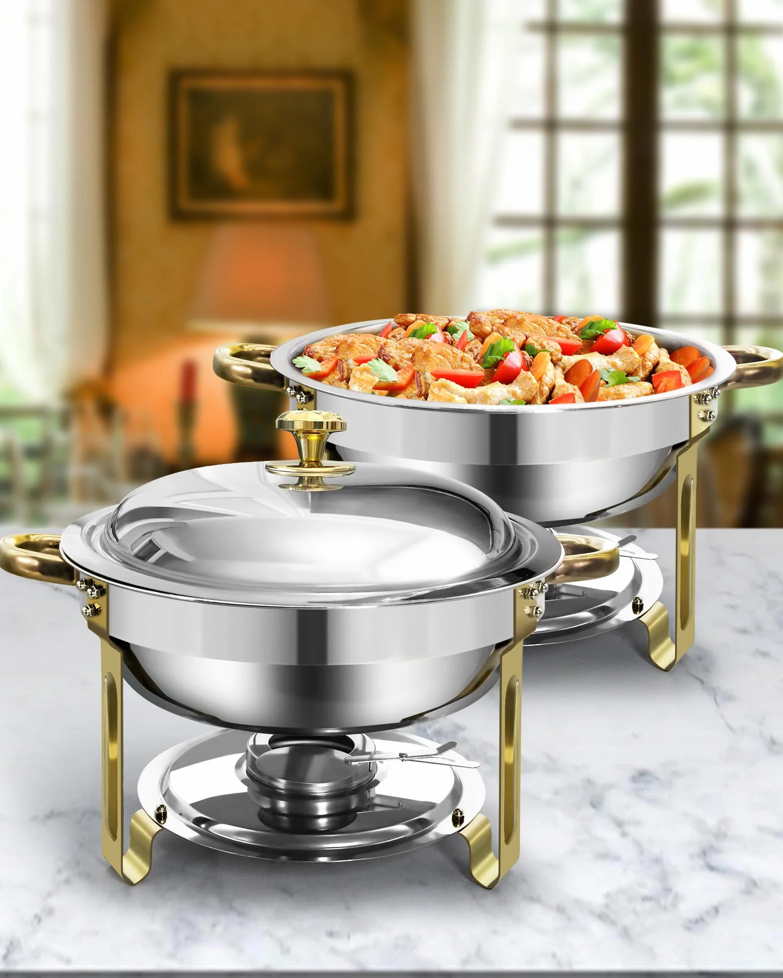 Chafing Dish Buffet Set 6L 2 Unidades Fuentes Redondas de Acero Inoxidable Oro y Plata con Porta Tapas