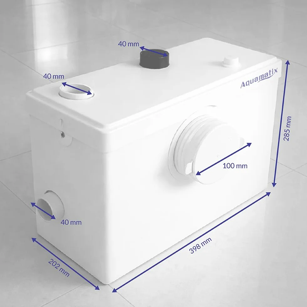 Aquamatix pequeña estación de elevación estación de elevación 600 W con triturador, estación de elevación de aguas residuales hasta 10 m de altura de elevación, con 3 entradas, para WC, ducha y lavabo