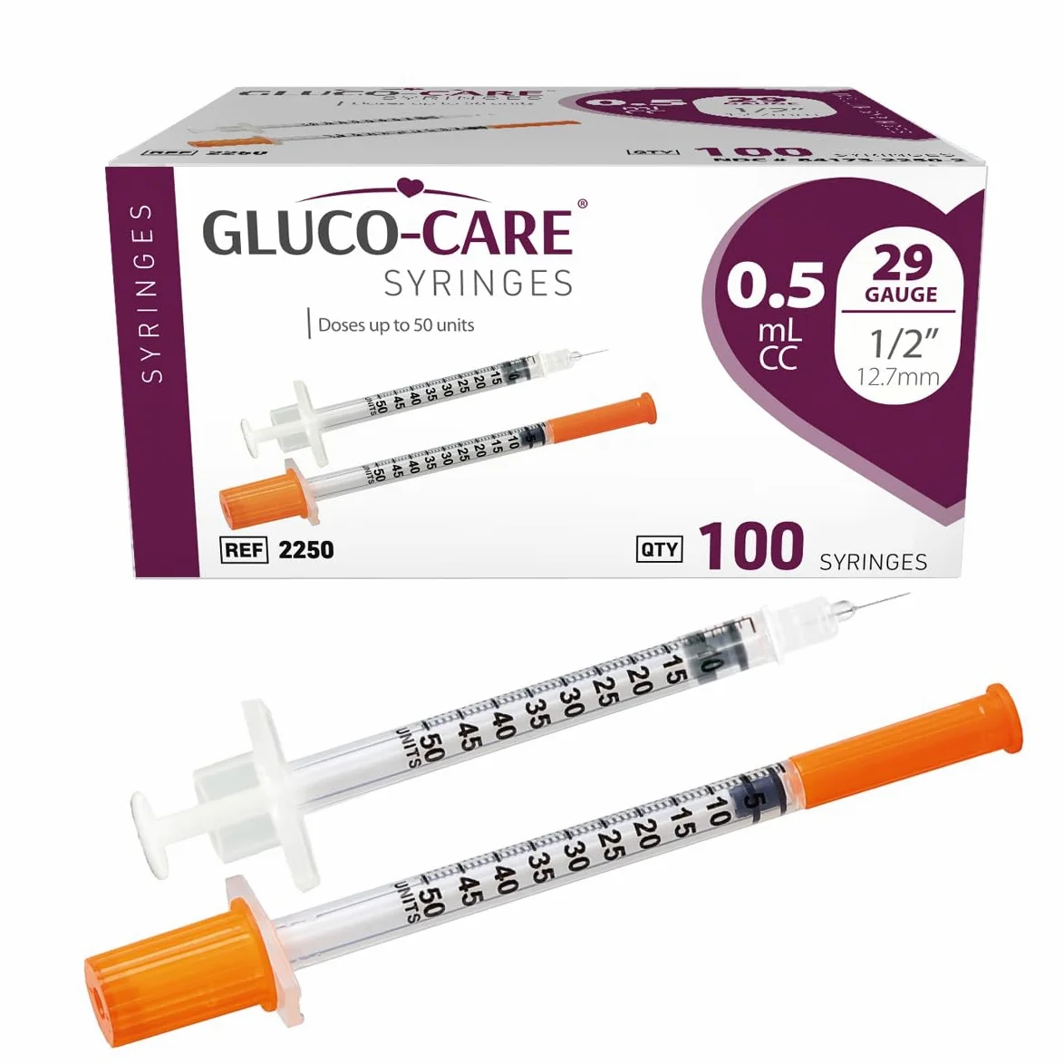 Jeringas de 0,5 ml/cc, 29 g x 12,7 mm, 100 unidades por caja