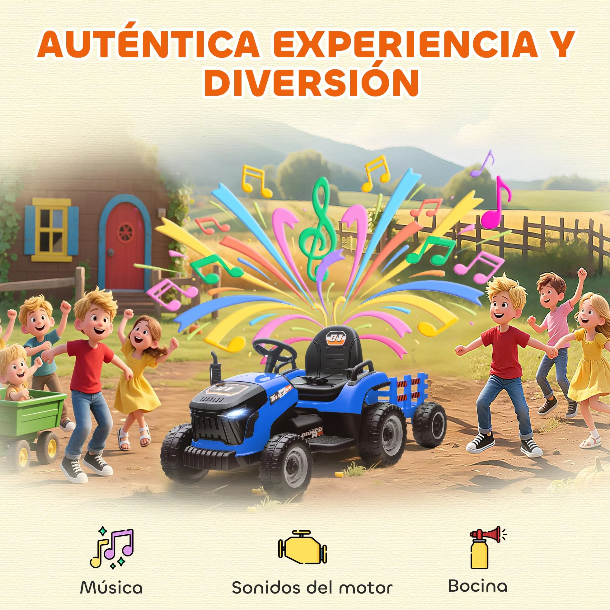 AIYAPLAY Tractor Eléctrico para Niños 12V con Remolque Desmontable, Control Remoto 2,4G, Azul