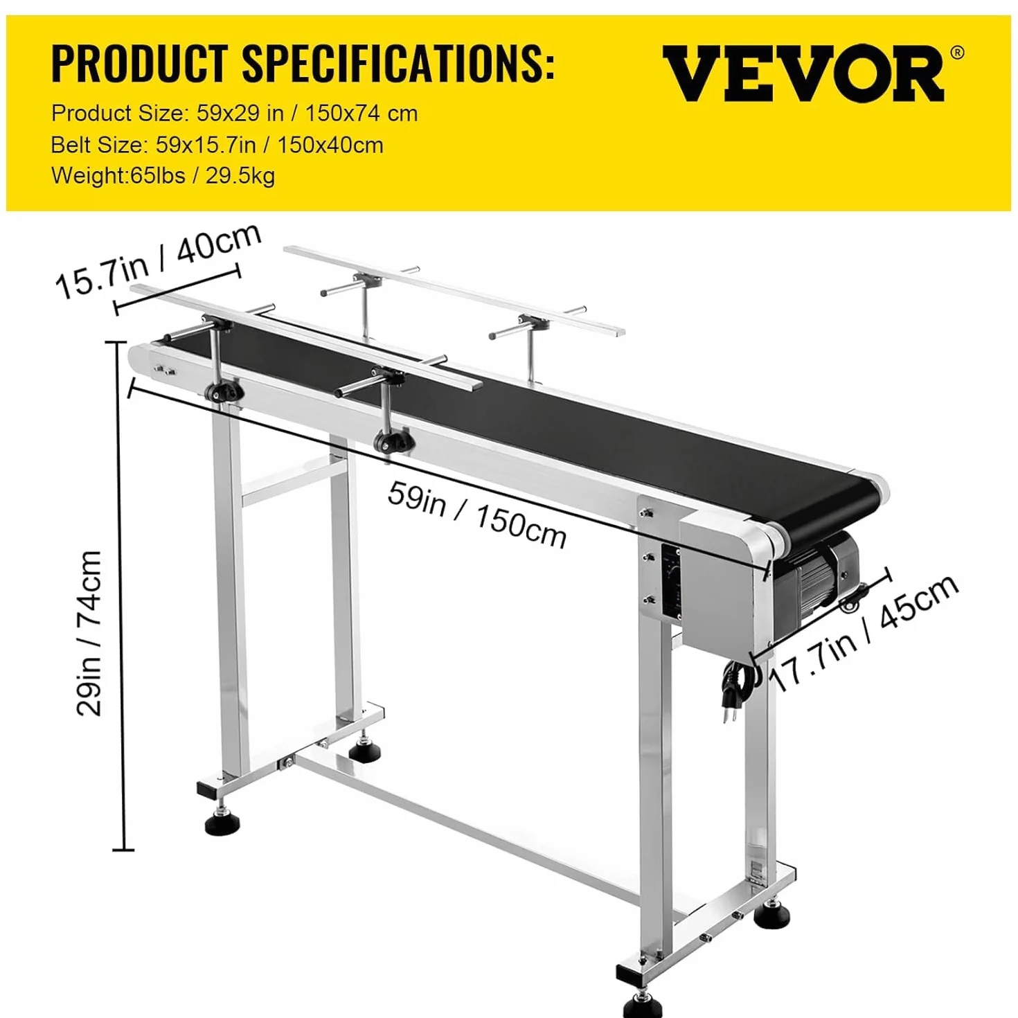 VEVOR Cinta transportadora de PVC de 59 x 15.7 pulgadas, transportador eléctrico de PVC de 110 V de velocidad automática ajustable, máquina transportadora con doble barandilla, en acero inoxidable,