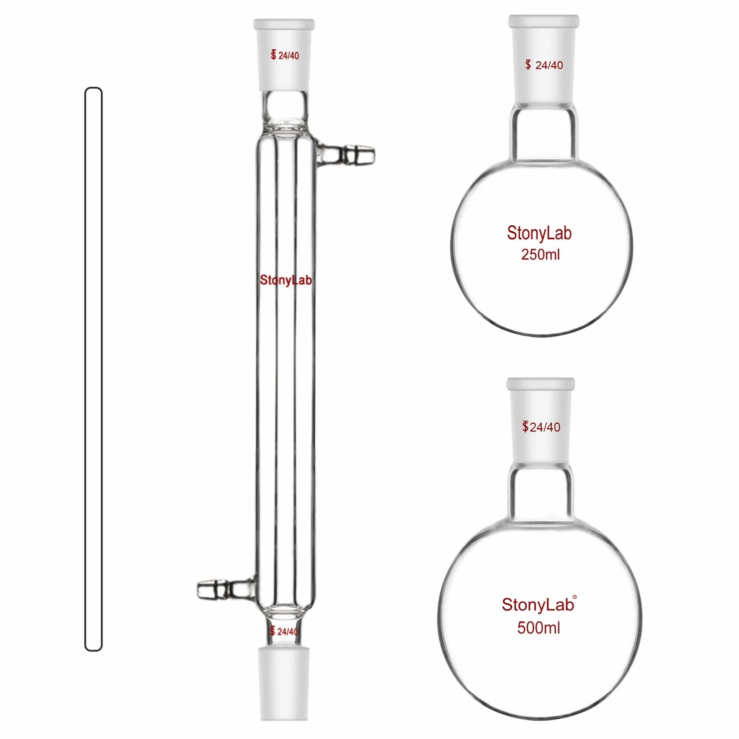 stonylab Aparato de Destilación de Vidrio, Kit de Destilación Simple con Junta 24/40 y Matraz de Reacción de 500 ml para Destilación a Presión Normal/Bajo Vacío, Kit de Cristalería de Laboratorio