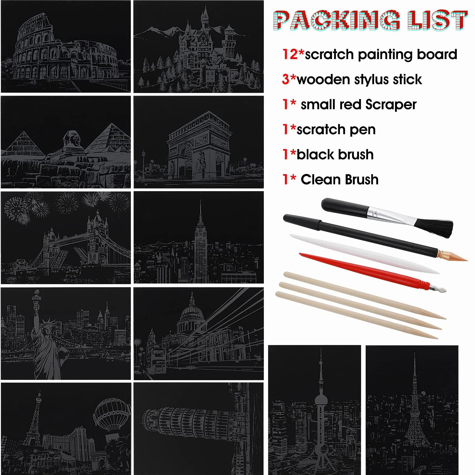 Lusofie 12 Hojas Papel Arcoíris para Rascar Manualidades Kit de Artes con 6 Herramientas