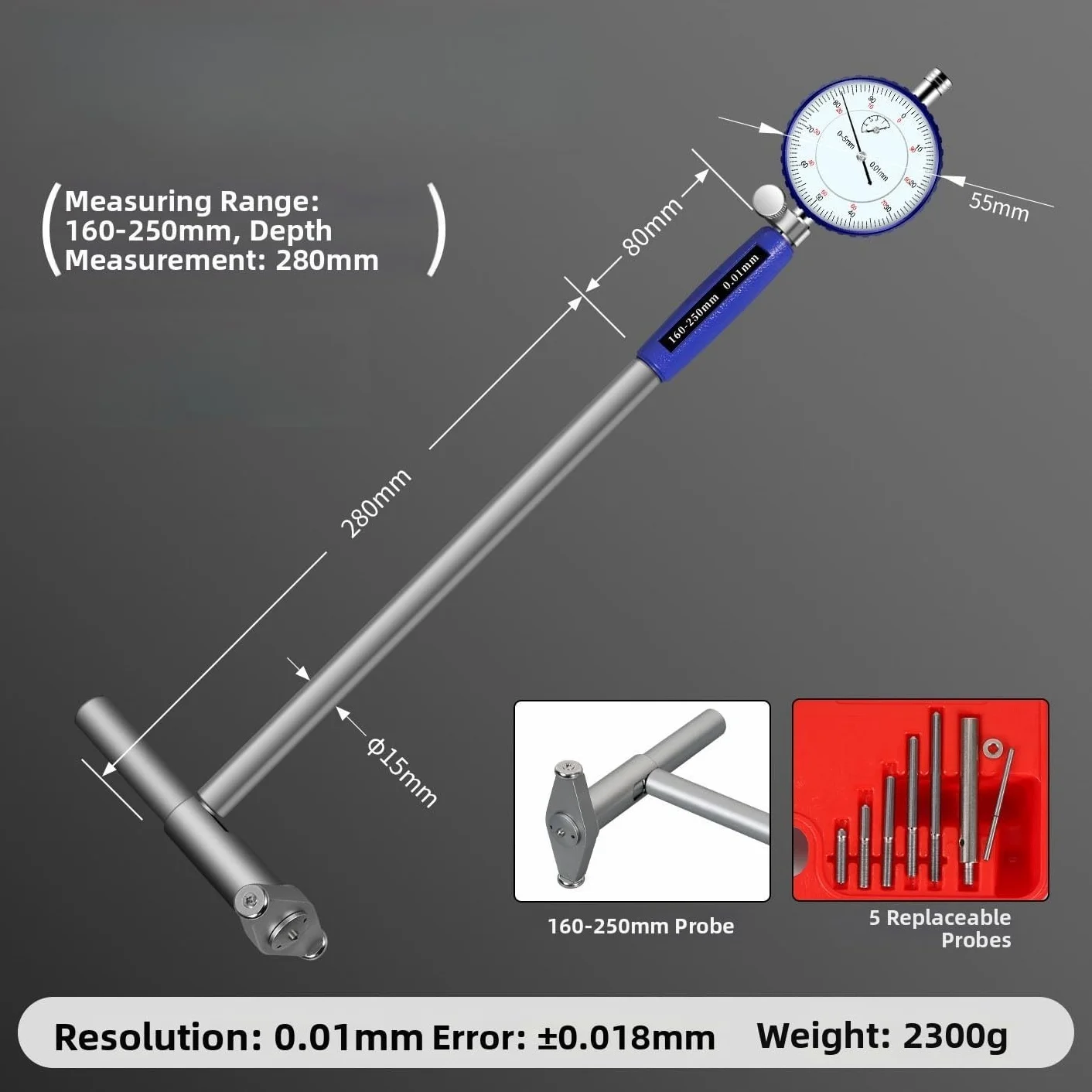 Medidor interno para juego de indicadores de dial de 10 a 450 mm, calibre de orificio de alta precisión para cilindros profundos de motor y reparación de automóviles (160-250 mm)