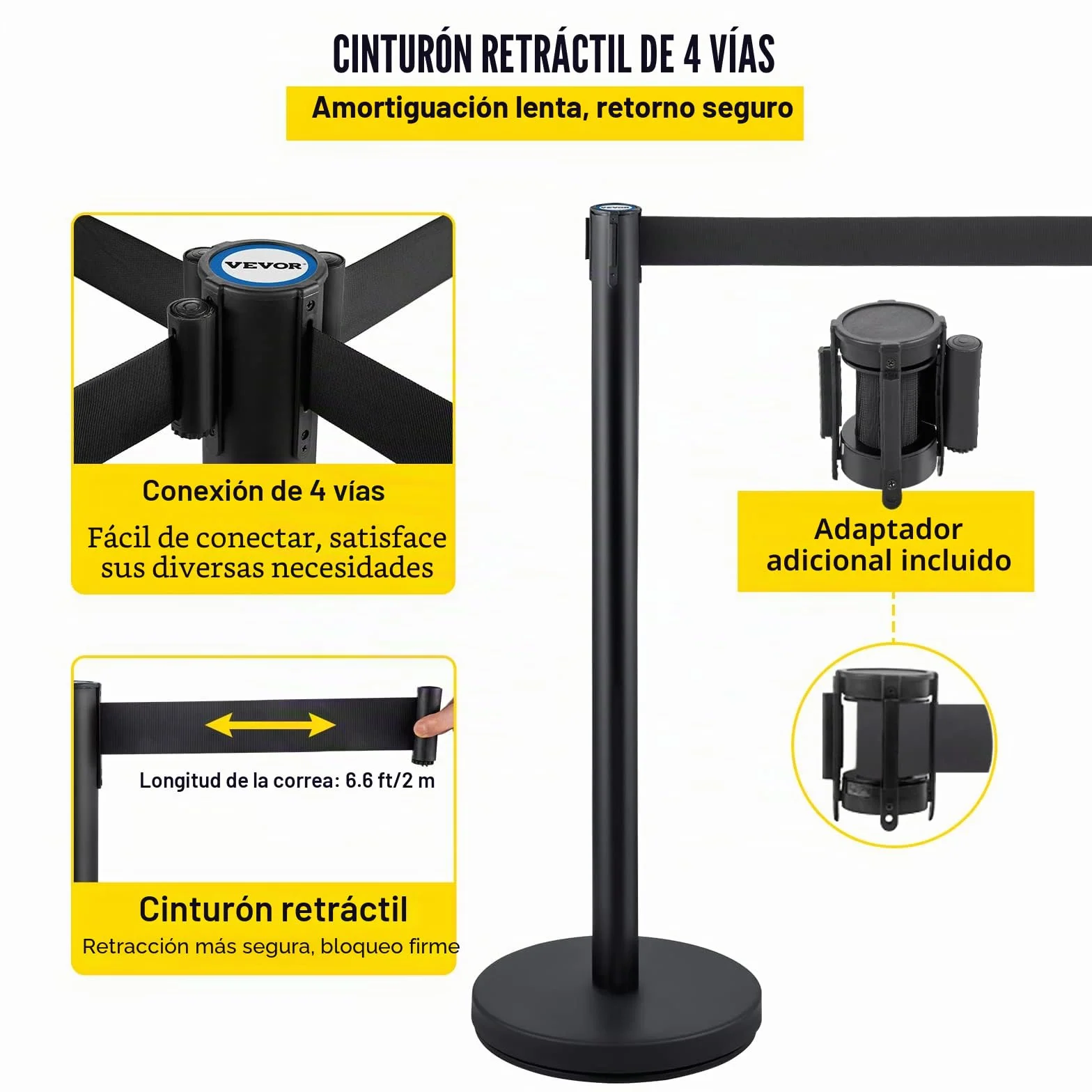 VEVOR Postes Separadores 4 piezas 90 cm Negros Poste Separador con Cinta Extensible 2 m Conexión 4 Vías 22 kg Postes de Barrera Control Multitudes Retráctiles Base Estable