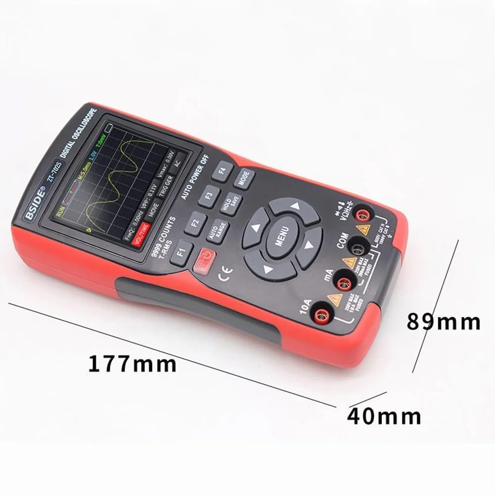 BSIDE ZT-702S Kit Osciloscopio DIY Multímetro Digital TRMS con Osciloscopio Automotriz 9999 Cuentas 10Mhz LCD a Color Medidor de Miliamperios y Milivolt Oscilloscope Recargable con Memoria para PC