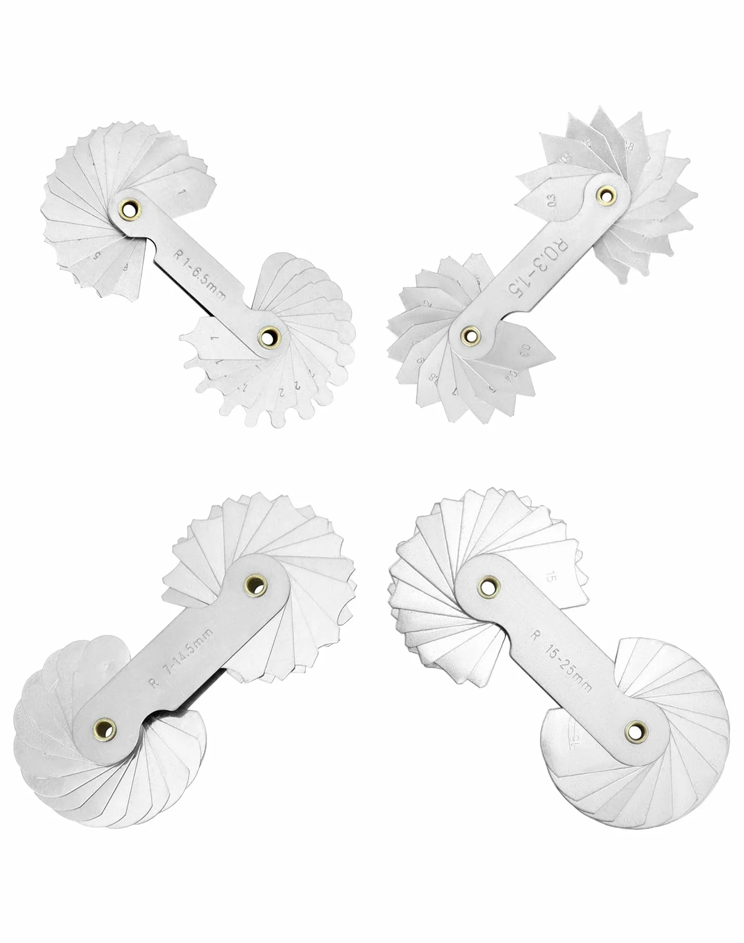 QWORK Medidor de filete acero inoxidable R0.3-1.5 R1-6.5 R7-14.5 R15-25 4 piezas