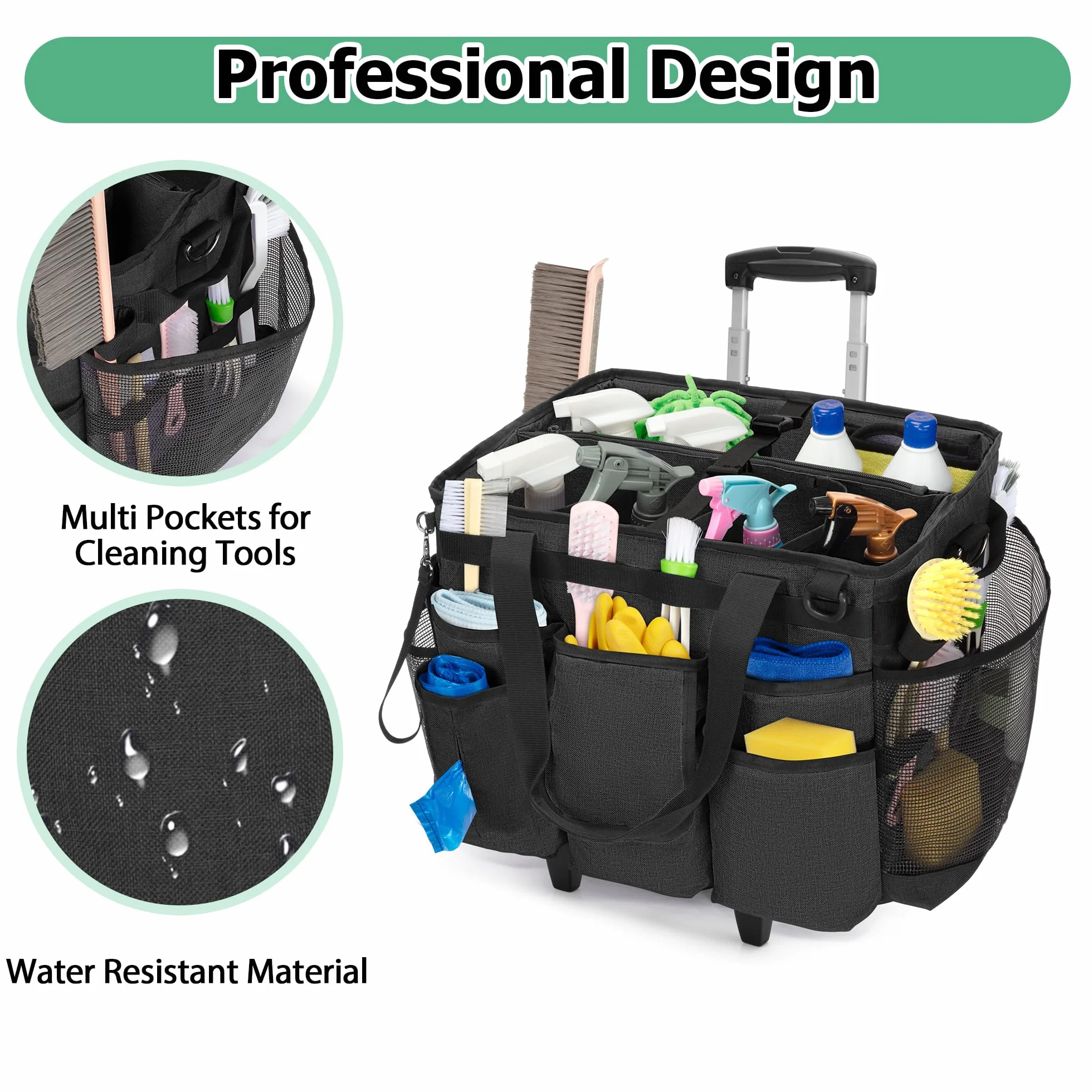 LoDrid Carrito de Limpieza rodante con Carrito Desmontable, Carrito de Limpieza portátil con Ruedas para Suministros de Limpieza, Bolsa de Limpieza Profesional con Correa para el Hombro para amas de
