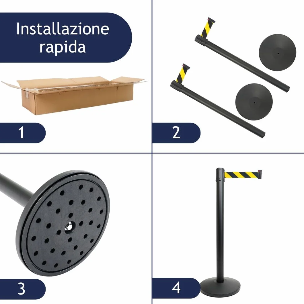 Postes separadores con cinta extensible 3 m, retráctil, seguridad, negro base reforzada, ámbitos diversos amarillo-negro