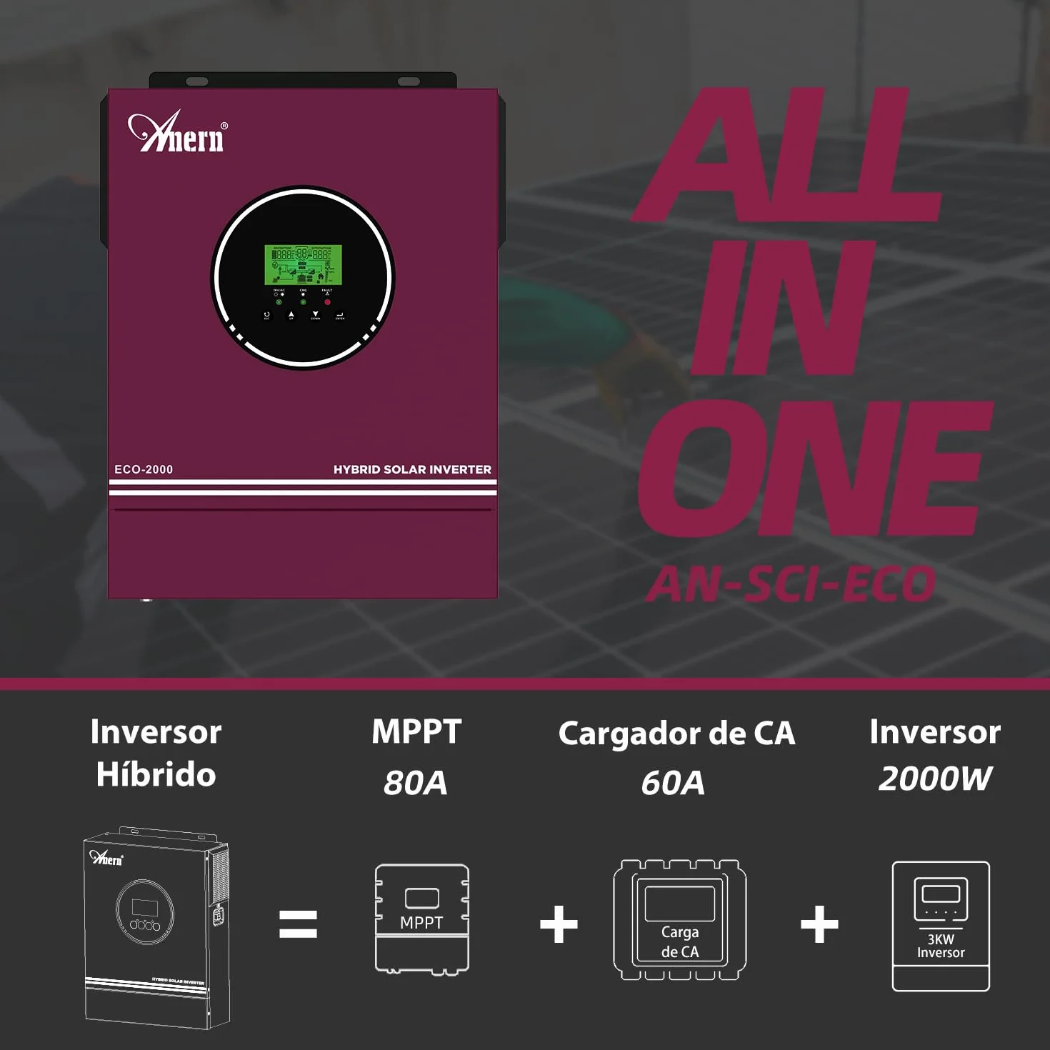 Anern 2KW Inversor Solar Híbrido 12V DC a 230V AC Inversor híbrido Fuera de la Red Com 80A MPPT Controlador Solar Entrada PV Máx.400V Funciona con Baterías de Plomo y Litio