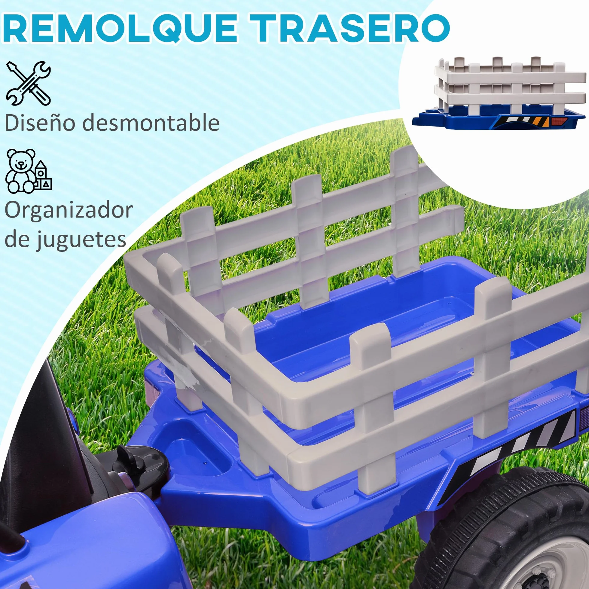 HOMCOM Tractor Eléctrico con Remolque Desmontable para Niños 3-6 Años Control Remoto Música MP3 Luces 136,5x50x52,5 cm Azul