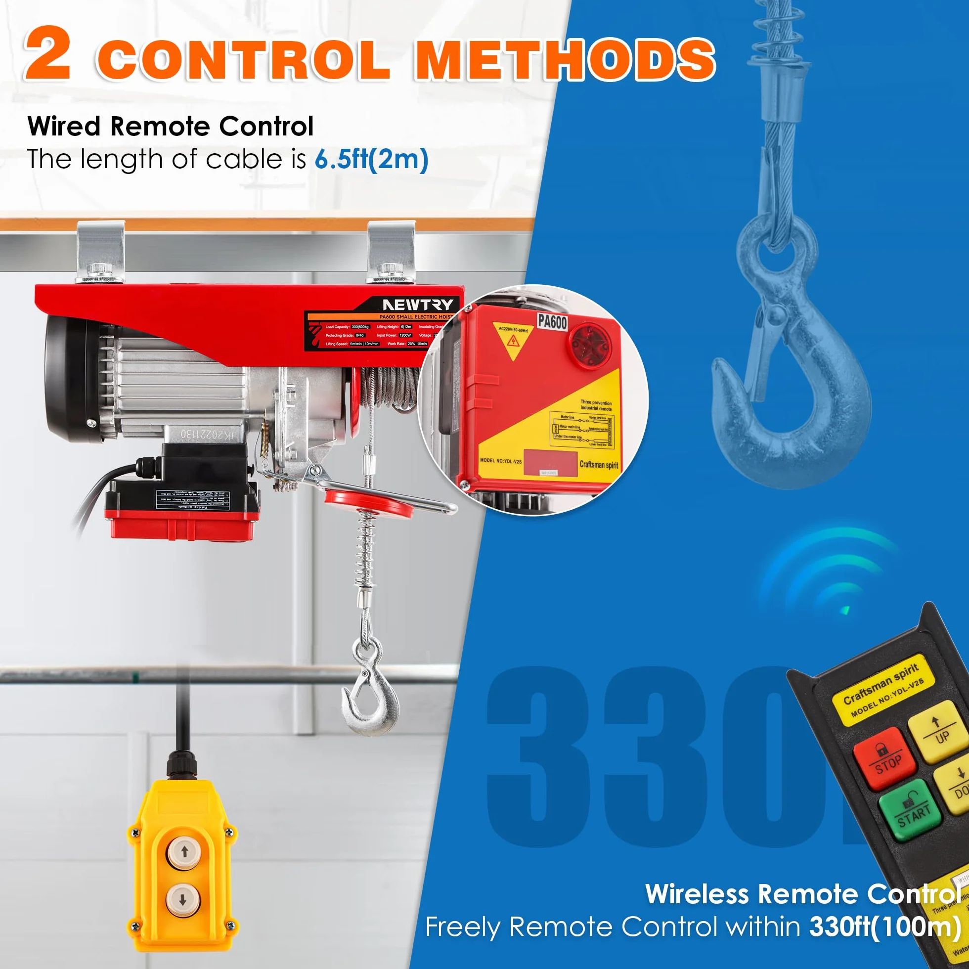 NEWTRY Polipasto Eléctrico 300kg/600kg, 12m/6m Cabrestante Eléctrico, Control Inalámbrico 100m, Control por Cable 2m, para el Hogar Garaje Almacén 1200W