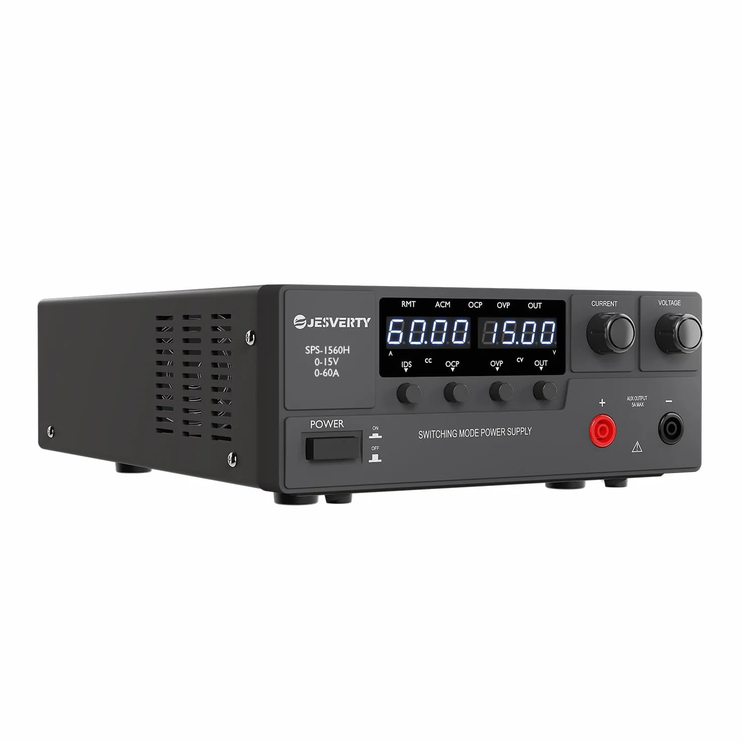 Fuente de Alimentación Regulable, 0-15V 0-60A Conmutación de CC regulada Fuente de alimentación de banco con mando codificador, interruptor de encendido/apagado de salida, OVP y OCP Jesverty SPS-1560H