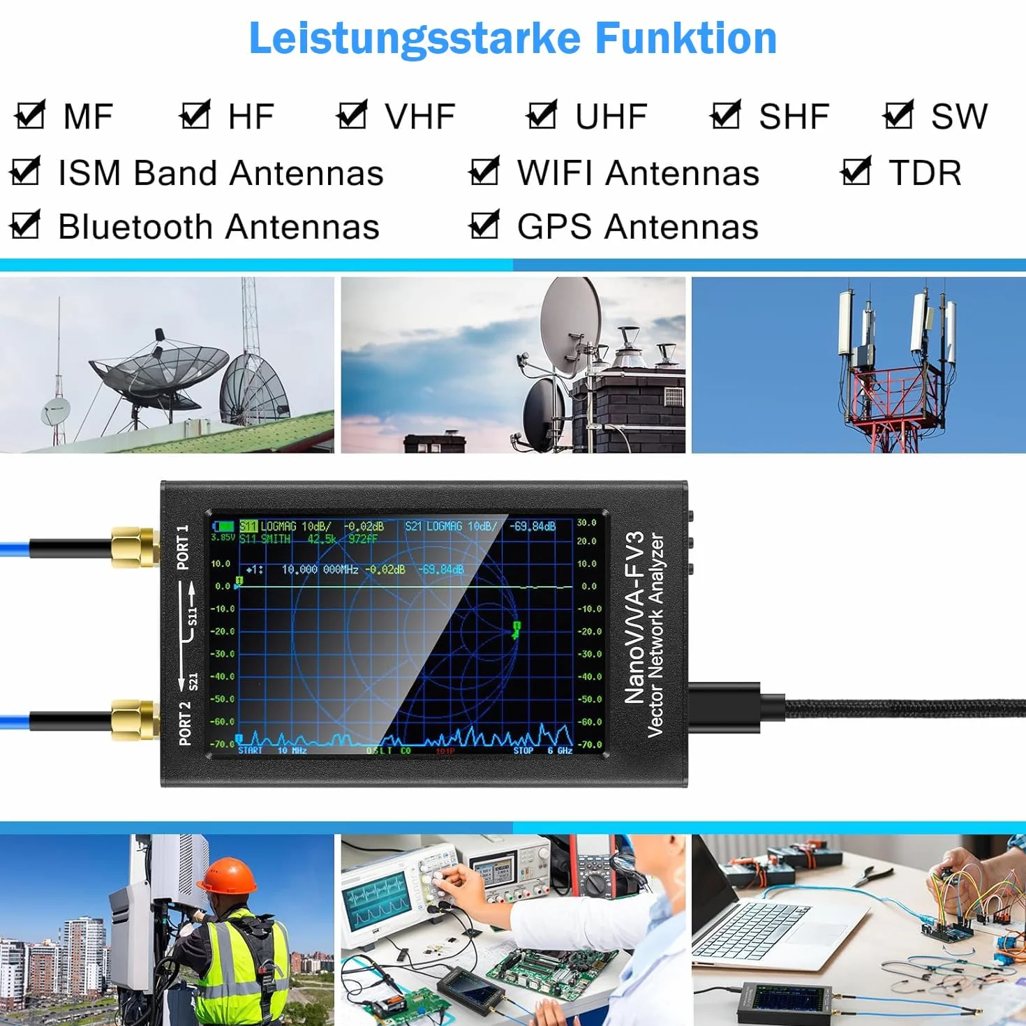 AURSINC NanoVNA-F V3 Mejorado Analizador de Red Vectorial 4.3" 1MHz–6GHz Analizador de Antenas: Mide Parámetros S, Relación de Onda Estacionaria de Voltaje, Fase, Retardo, Compatible con RTC