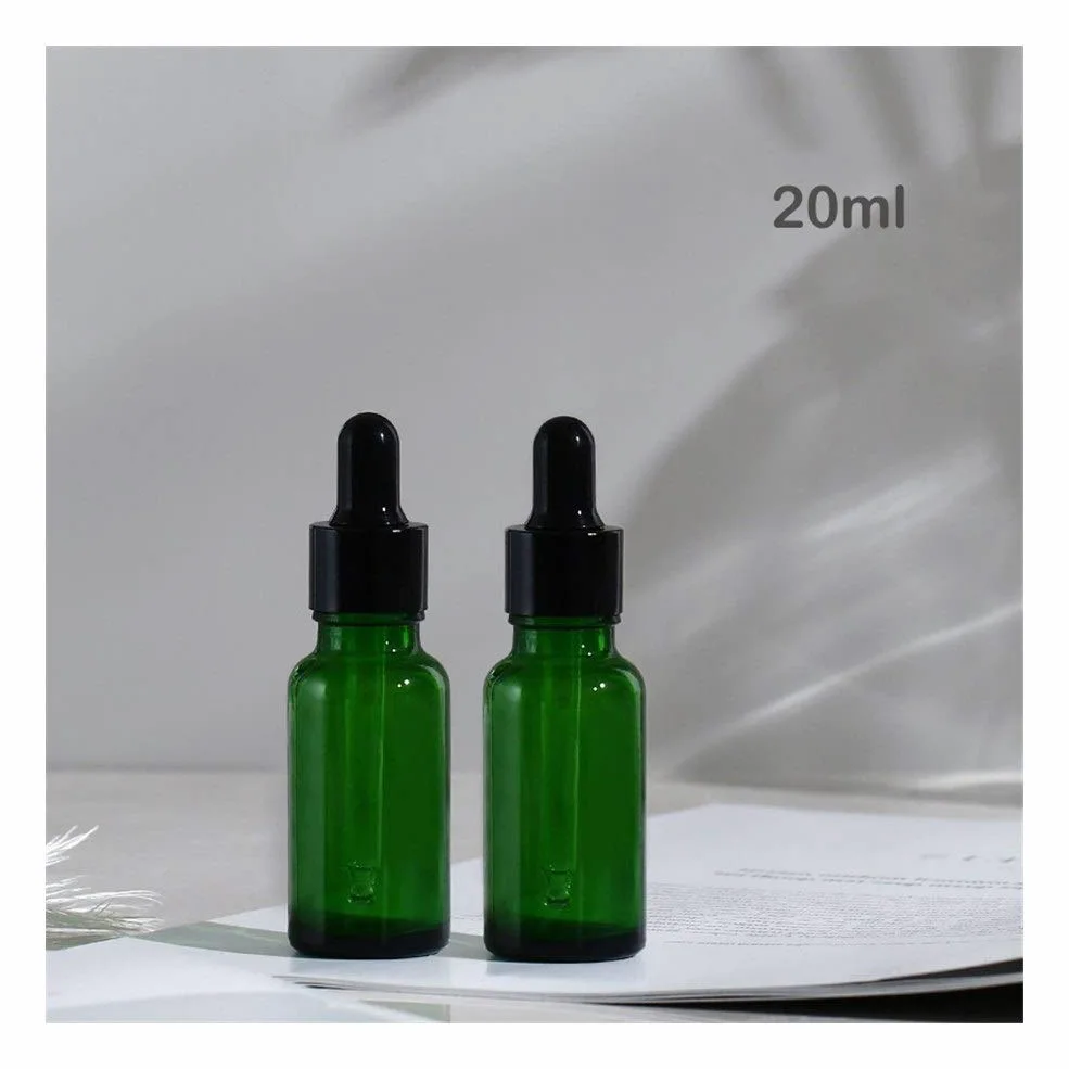 Casa de repuesto vacía MASCOTA Botellas 20pcs 5ml-100ml botellas vacías de vidrio ámbar cuentagotas esencial de aromaterapia verde gota del aceite de la botella de líquido reactivo Pipetear recargable