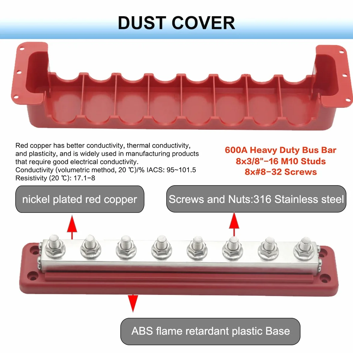 Bus Bar Barra colectora de 600A bloque de distribución de energía de cobre de 300V CA/ 48V CC con terminales de cableado de pernos de 8x M10 Busbar 600 Amp para Auto/Marinos/Solares, rojo