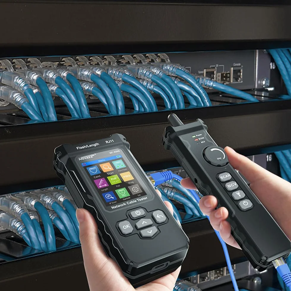 Pruebador de cables de red NF-8506 con escáner IP, TDR, PoE, prueba de ping y prueba de velocidad de red - Tono de cable Ethernet para RJ11/RJ45/CAT5/CAT6 LAN, localizador de cables telefónicos y