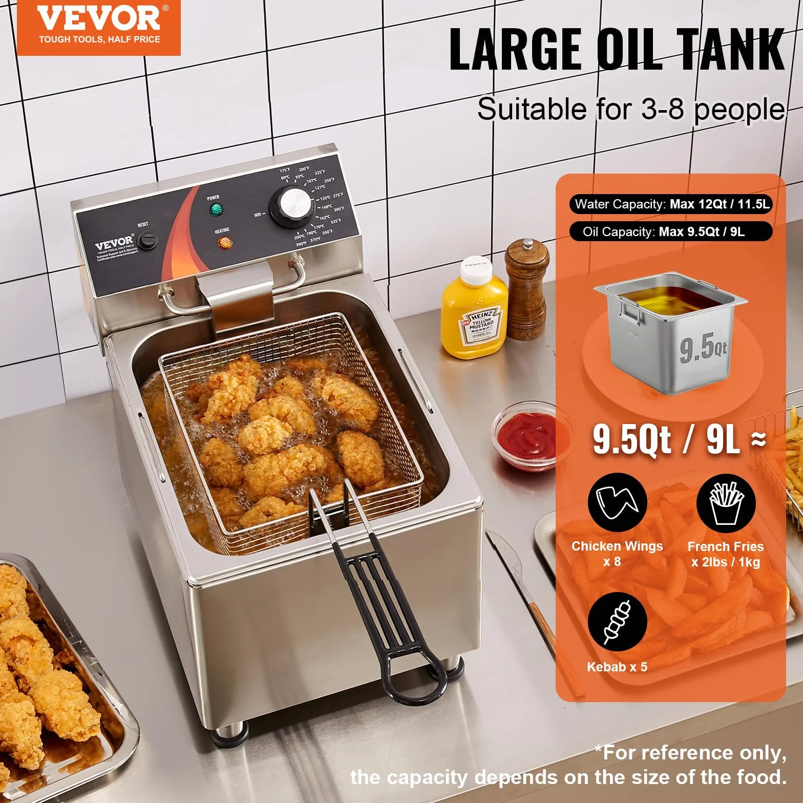 VEVOR Freidora Eléctrica Comercial de Encimera 3100 W con Cesta, Patas Regulables en Altura, Individual en Acero Inoxidable 11,5 L, Control de Temperatura, Uso en Restaurantes, 275 x 415 x 370 mm