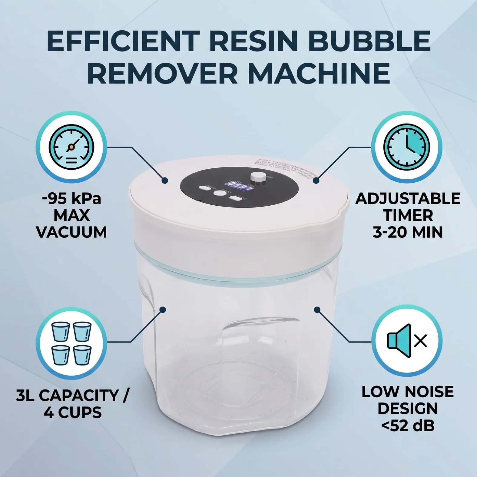 FTVOGUE Removedor de Burbujas de Resina Cámara de Vacío 3L con Presión y Temporizador | Capacidad de 3 litros, vacío de -95 kPa con retención de presión, temporizador ajustable de 3 a 20 minutos, botón de