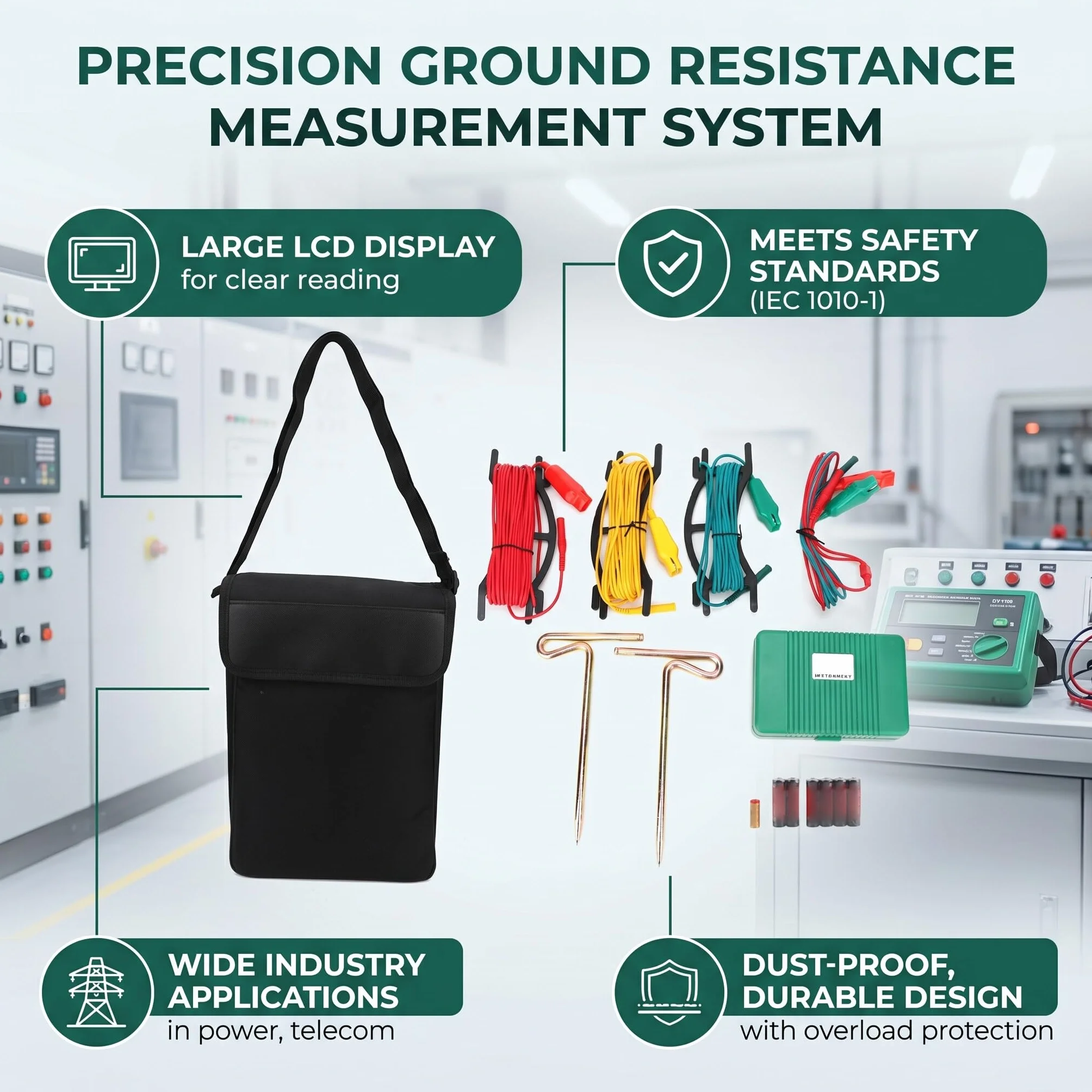 Kit de Prueba de Tierra Digital con Pantalla LCD, Probador de Resistencia Incluye 3 Cables y 2 Probadores Individuales para Medición de Conductividad