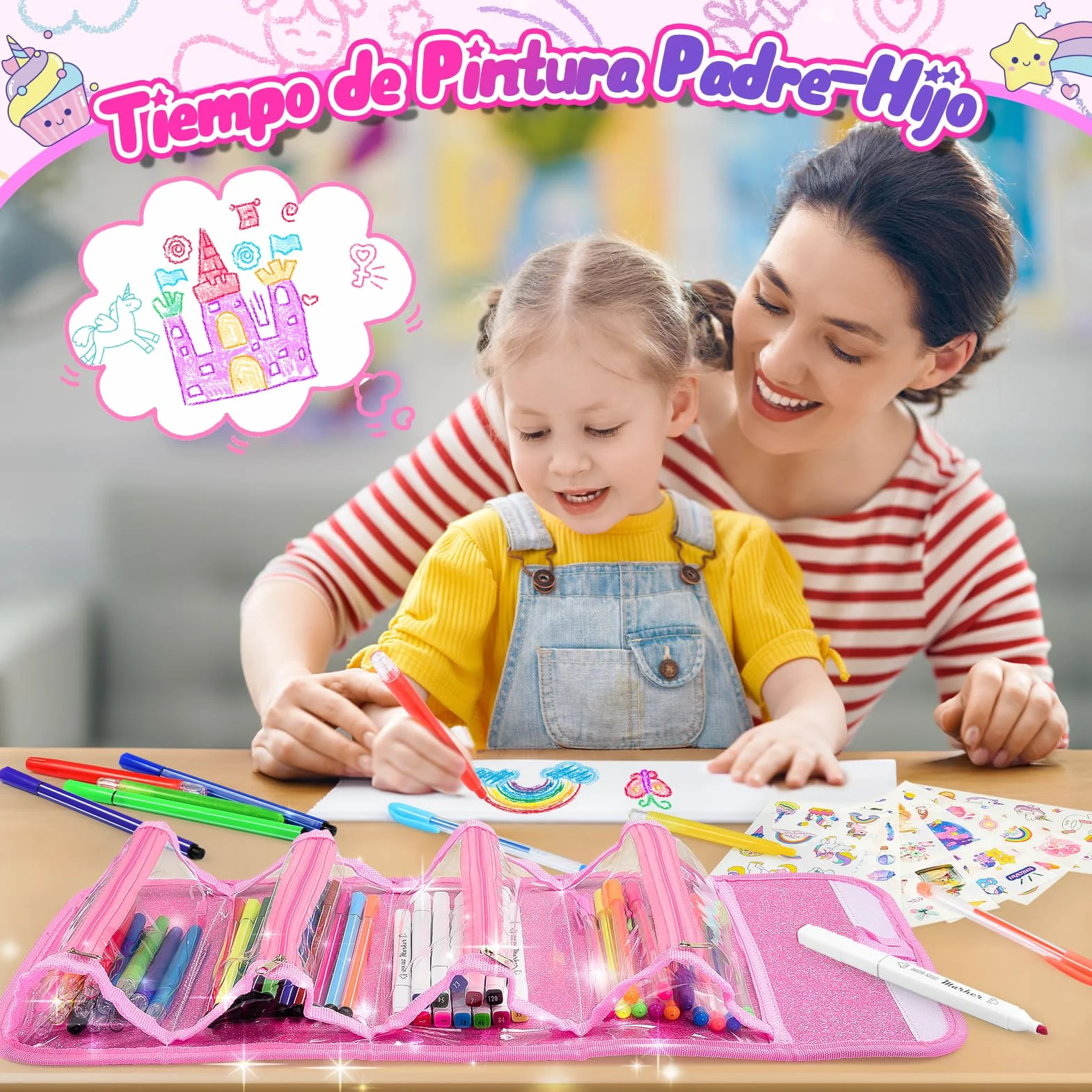 Maletin Pinturas para Niños Acuarelas Marcadores Regalo Niña 3-10 años Estuche 48 Pinceles Pegatinas Impermeable Fácil de Limpiar Rosa