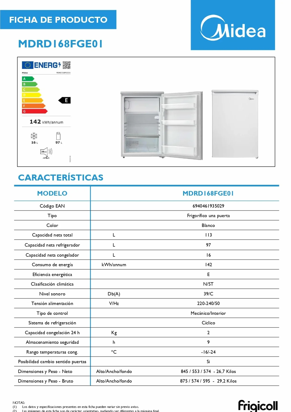 Midea Mini Frigorífico 113L con Congelador Silencioso 39dB Bajo Consumo