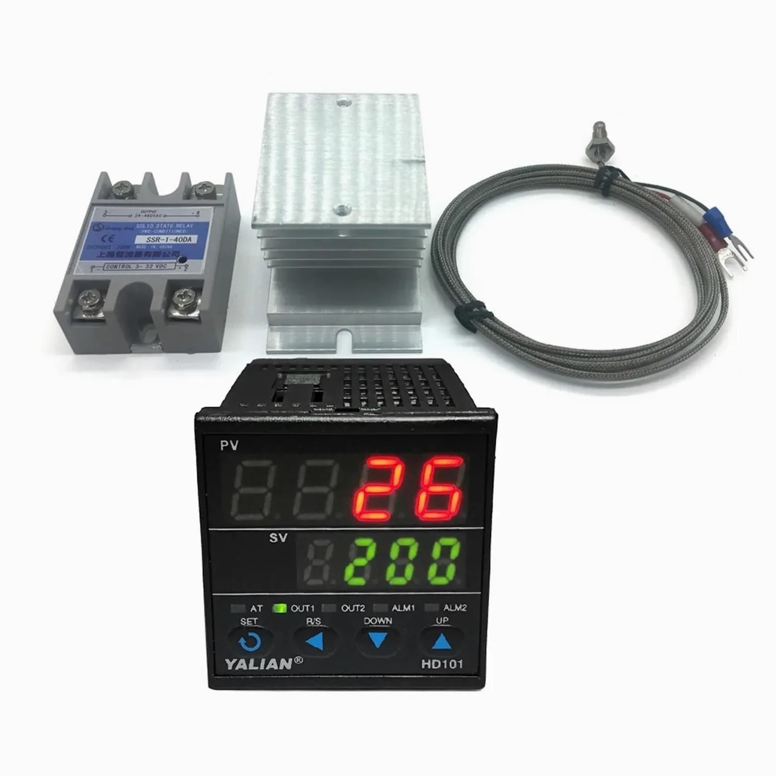 Controlador de temperatura digital Pid Temperatura máxima de ajuste 1372 grados Celsius + disipador de calor + termopar K 2M + SSR máx. 40 A(HD401)