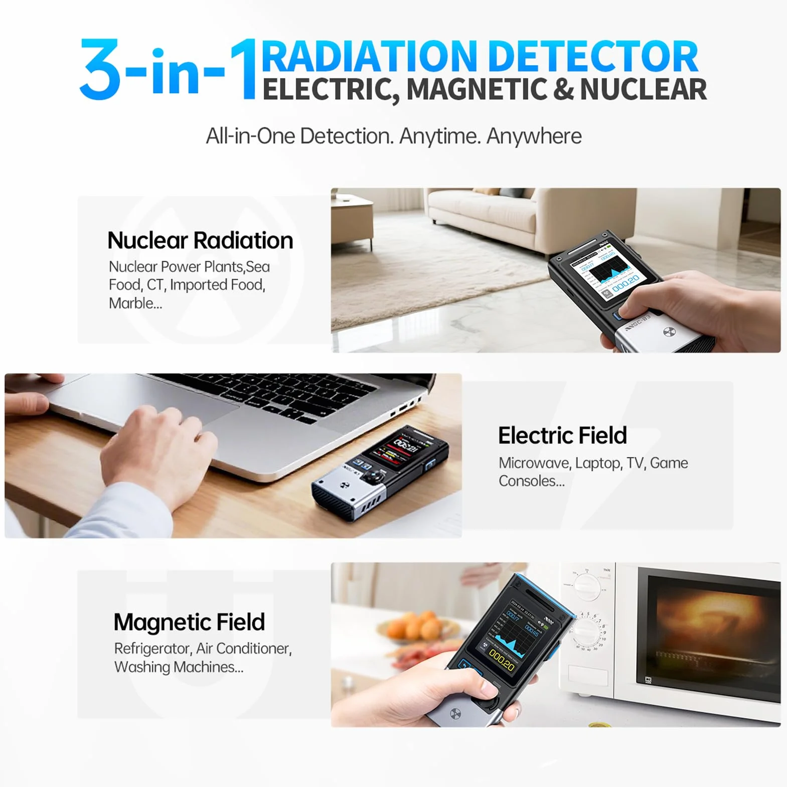 DEWIN Medidor EMF 3-en-1 Detectores de Campo Eléctrico, Campo Magnético y Radiación Nuclear, GC03 Detector de radiación Multifuncional de Triple Alarma con Luz de Fondo