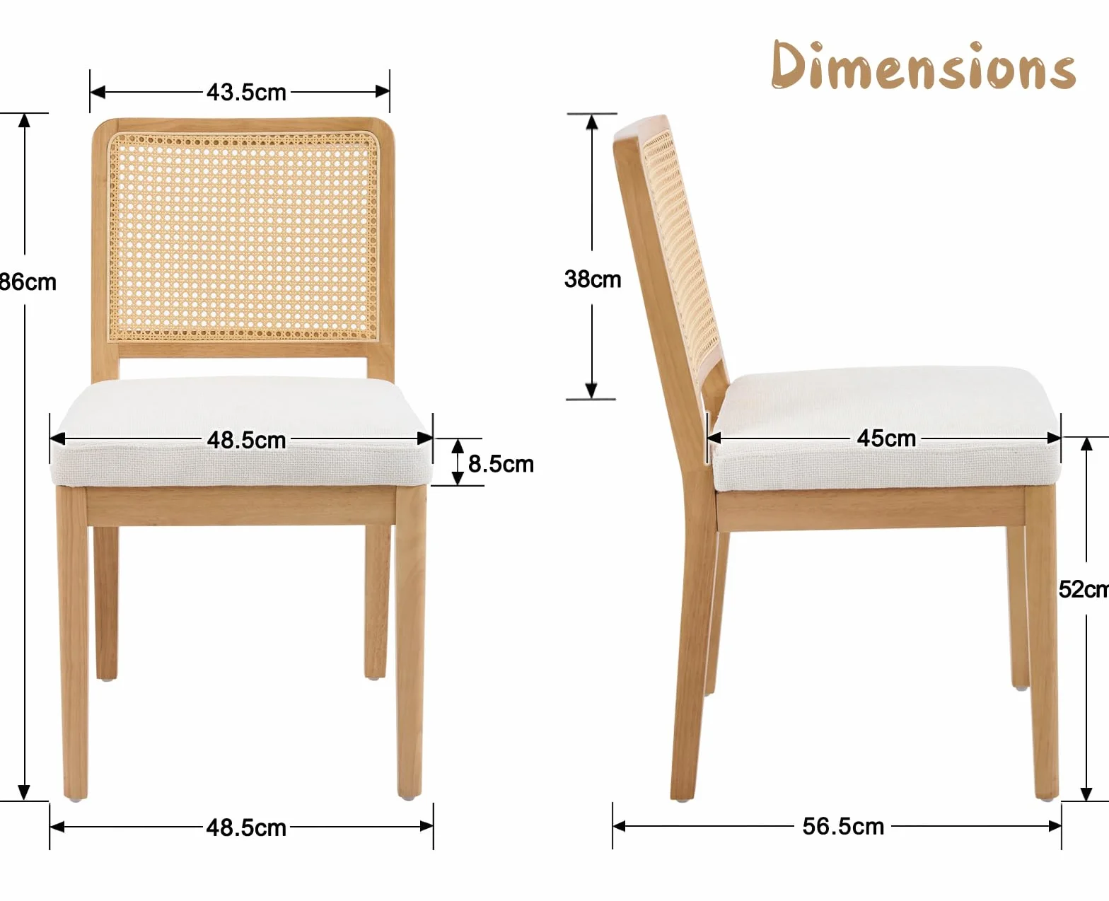 chairus Juego 4 de Sillas de Comedor Madera Sillas Cocina de Rústico con Respaldo Ratán, Sillas Restaurante Tapizadas de Chenilla Sillas de Salón Sencillas para Hogar, Blanco