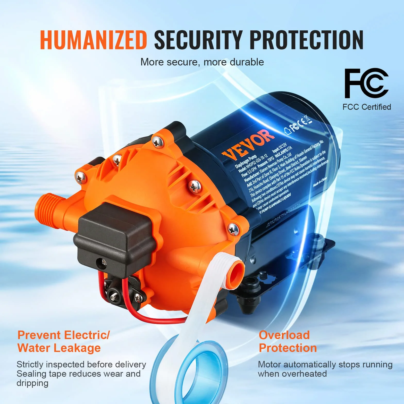 VEVOR Bomba de Diafragma de Agua 12 V 5,5 GPM 70 PSI Ajustable 40-100 PSI Autocebante con Presostato