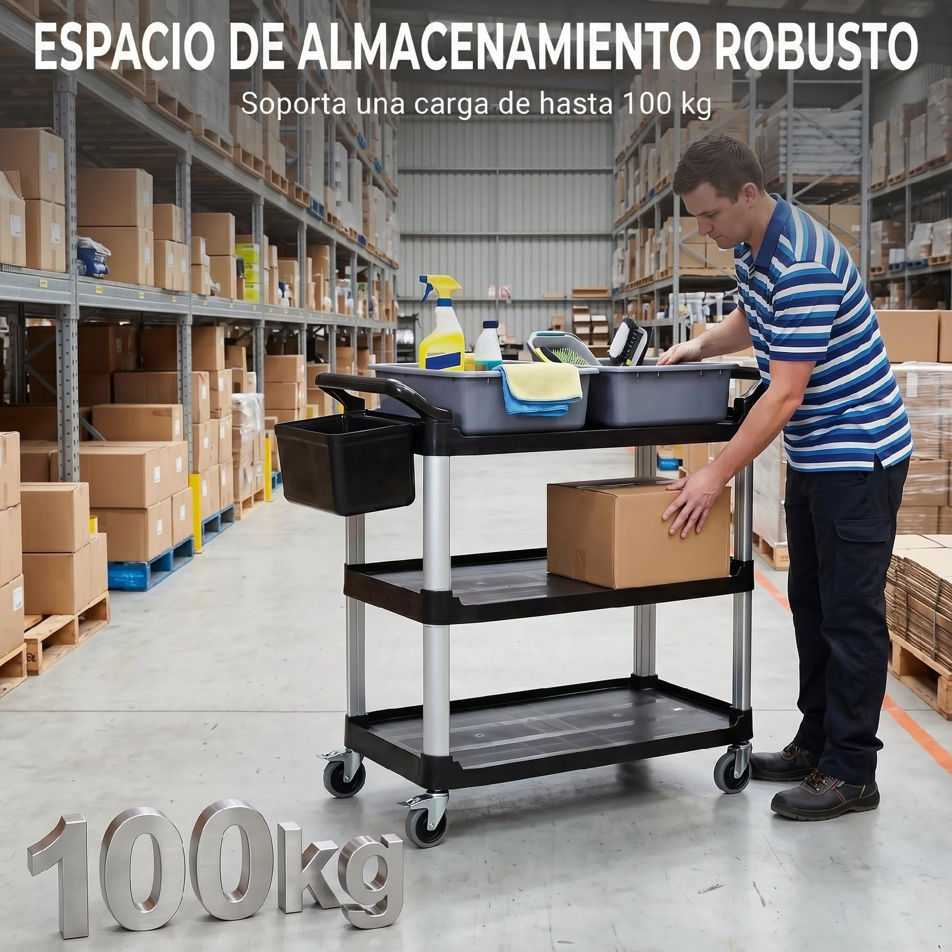 HOMCOM Carro de Limpieza con Ruedas, Carro de Servicio con 3 Estantes, 2 Contenedores y Cubo Lateral Colgante, Estructura de Aluminio, Carga 100 kg, 115x50x100 cm, Negro