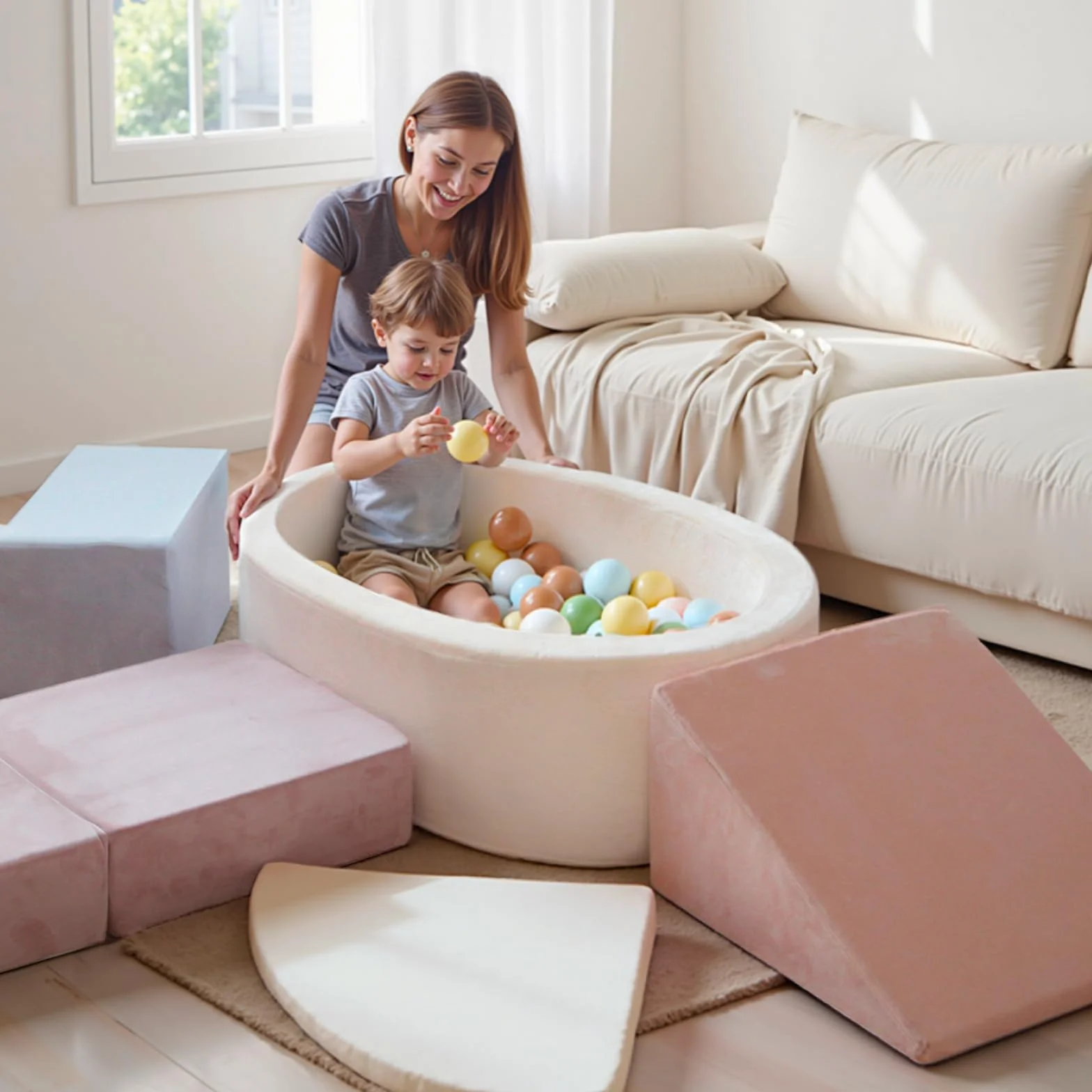 BanaSuper Bloques de Espuma para Niños con Piscina de Bolas, Juguete Montessori, Gimnasio Interior para Bebés, Azul Rosa