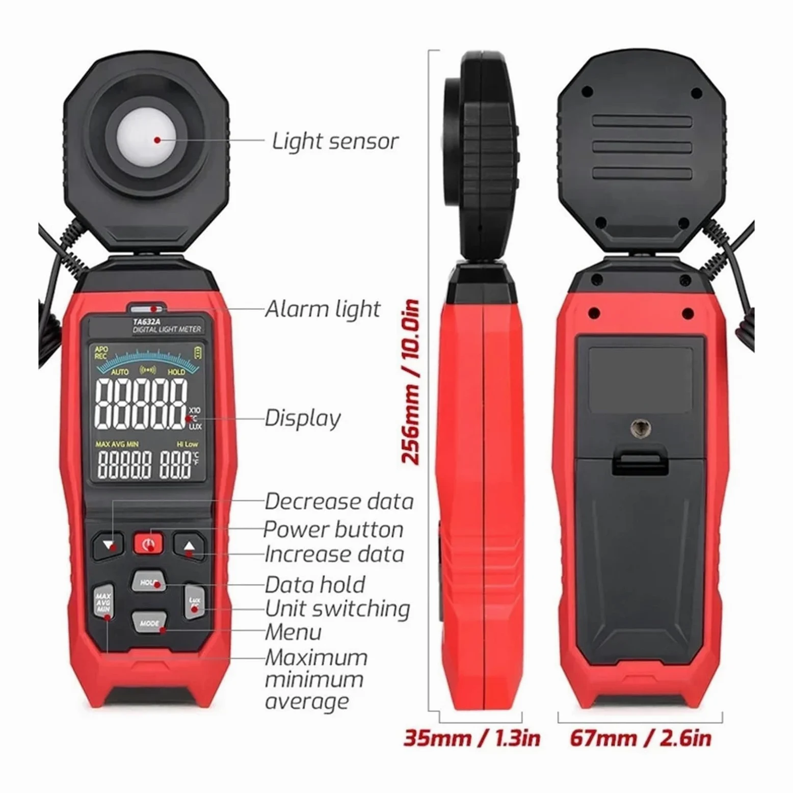 Medidor De Luz Digital TA632A TA632B, Luxómetro For Fotografía, Sonda Desmontable, Iluminómetro Lux/Fc, Fotómetro, Probador Ambiental(TA632A 200000Lux)