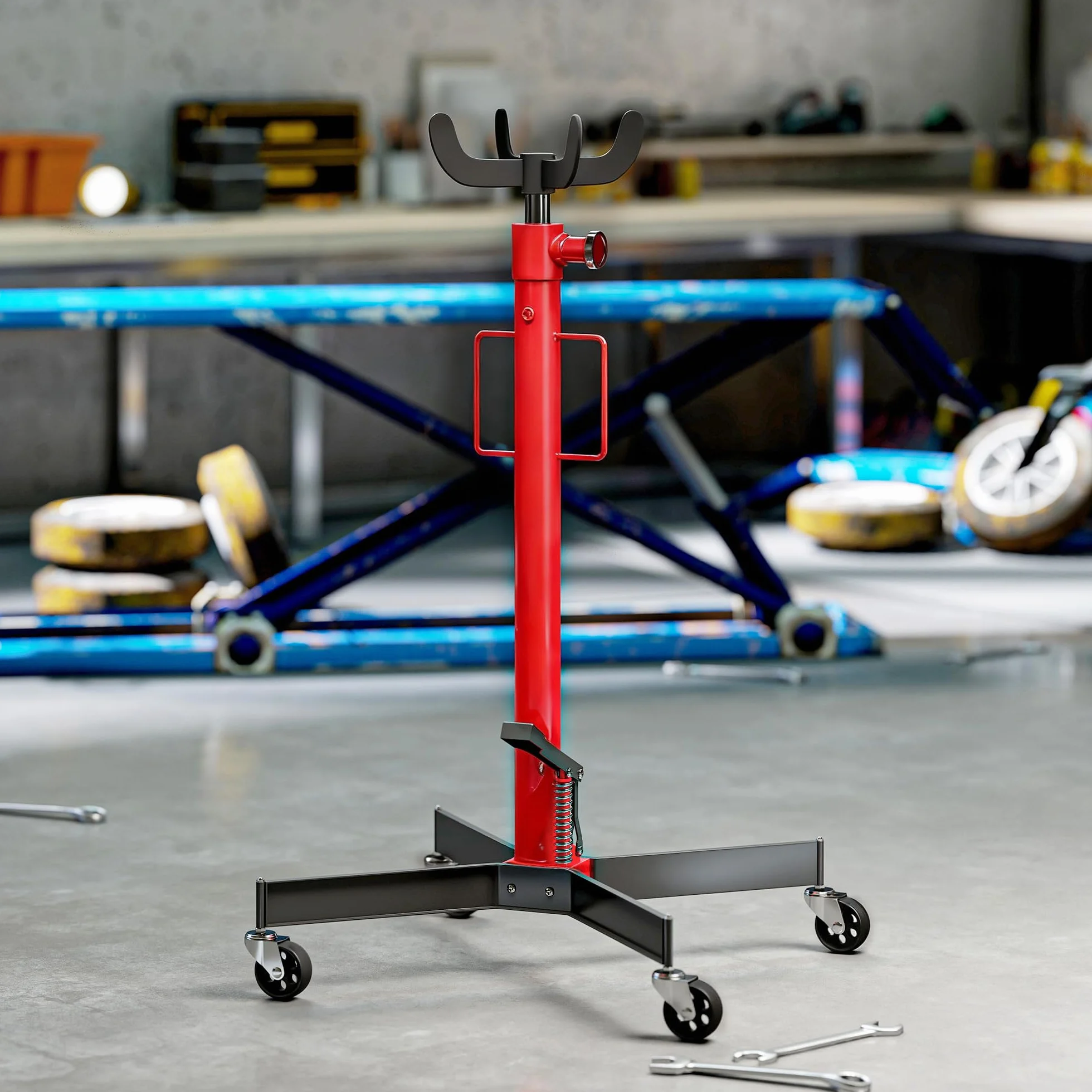 HOMCOM Gato hidráulico de foso para caja de cambios, gato elevador de acero 500 kg, altura regulable 110-191,5 cm, gato hidráulico de transmisión 4 ruedas giratorias, pedal, para coches, rojo