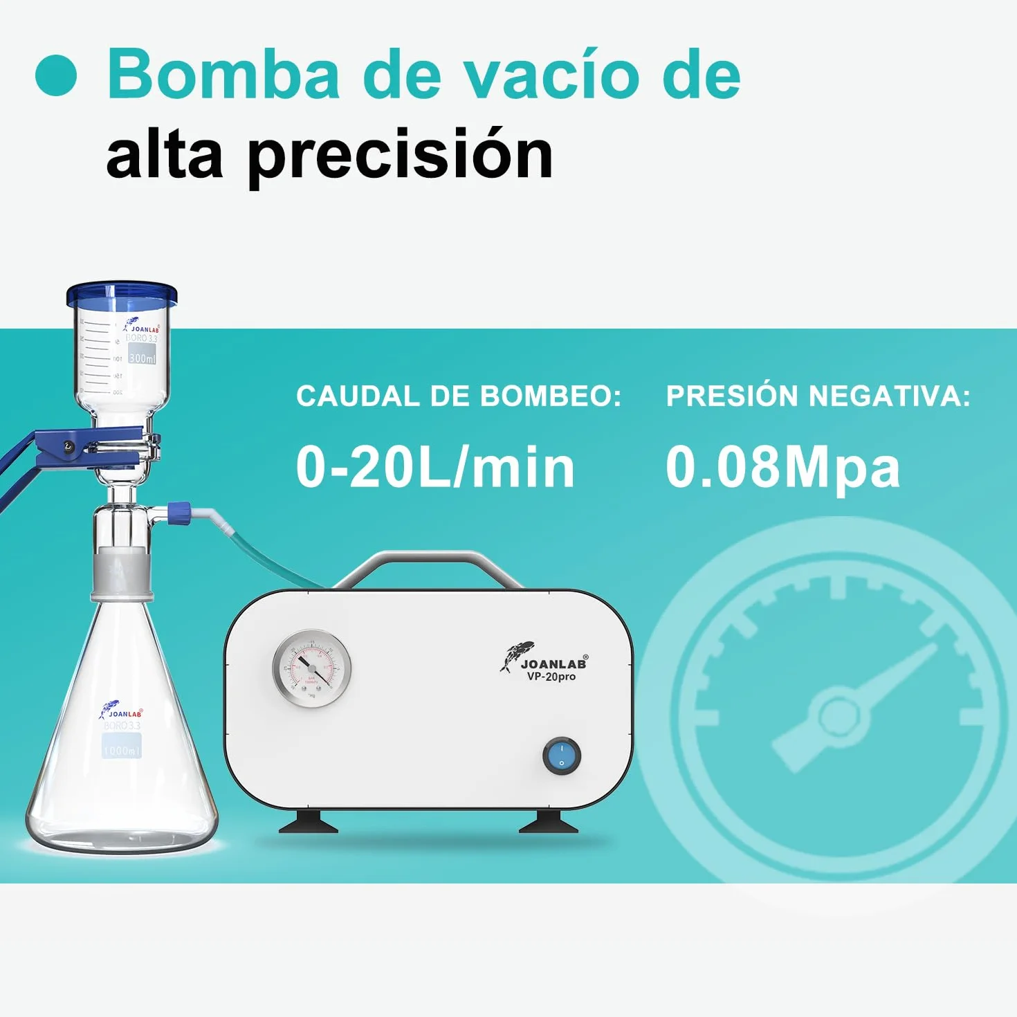 JOANLAB Bomba de Vacío Sin Aceite, Ajustable 20L/min & 0.08MPa, Bomba de Vacío de Diafragma para Filtración Laboratorio, Investigación, Industrial(VP-20PRO)