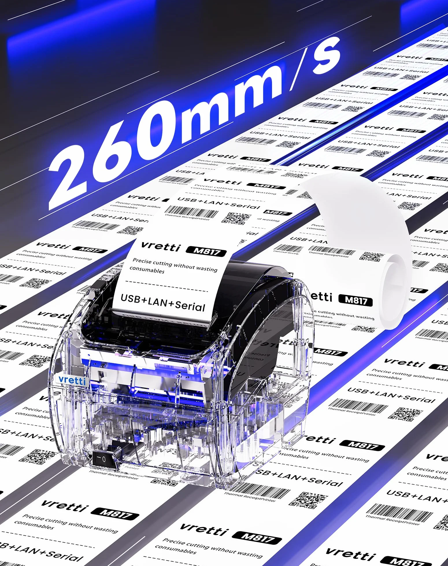 vretti Impresora de Recibo Térmica, Tikitera 80mm con Cortador de Velocidad Alta de 300 mm/s ESC/POS USB/Serial/LAN Compatible con Windows/Mac