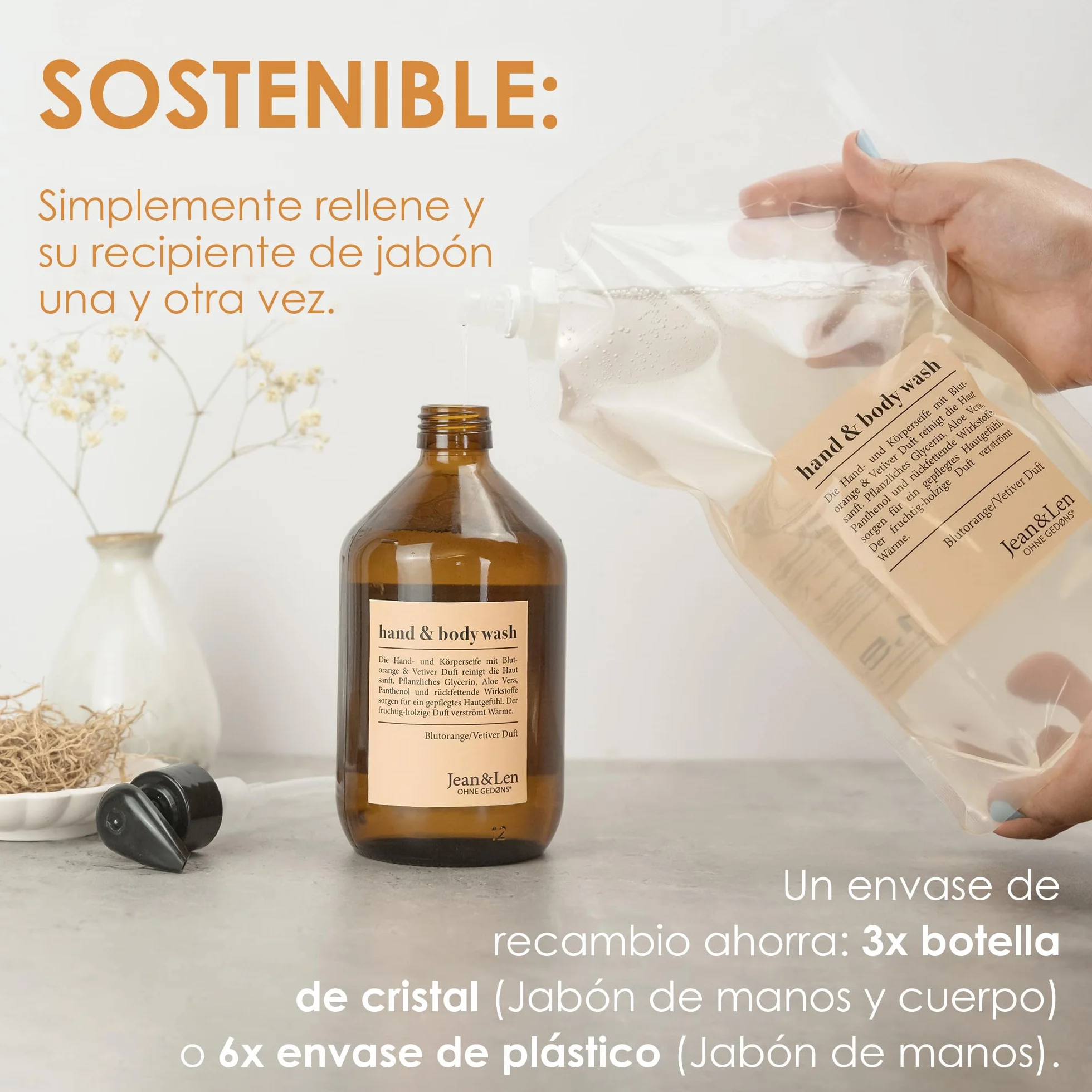 Jean & Len Hand & Body Wash Naranja sanguina y vetiver, jabón líquido en recarga, vegano, 1,5 L